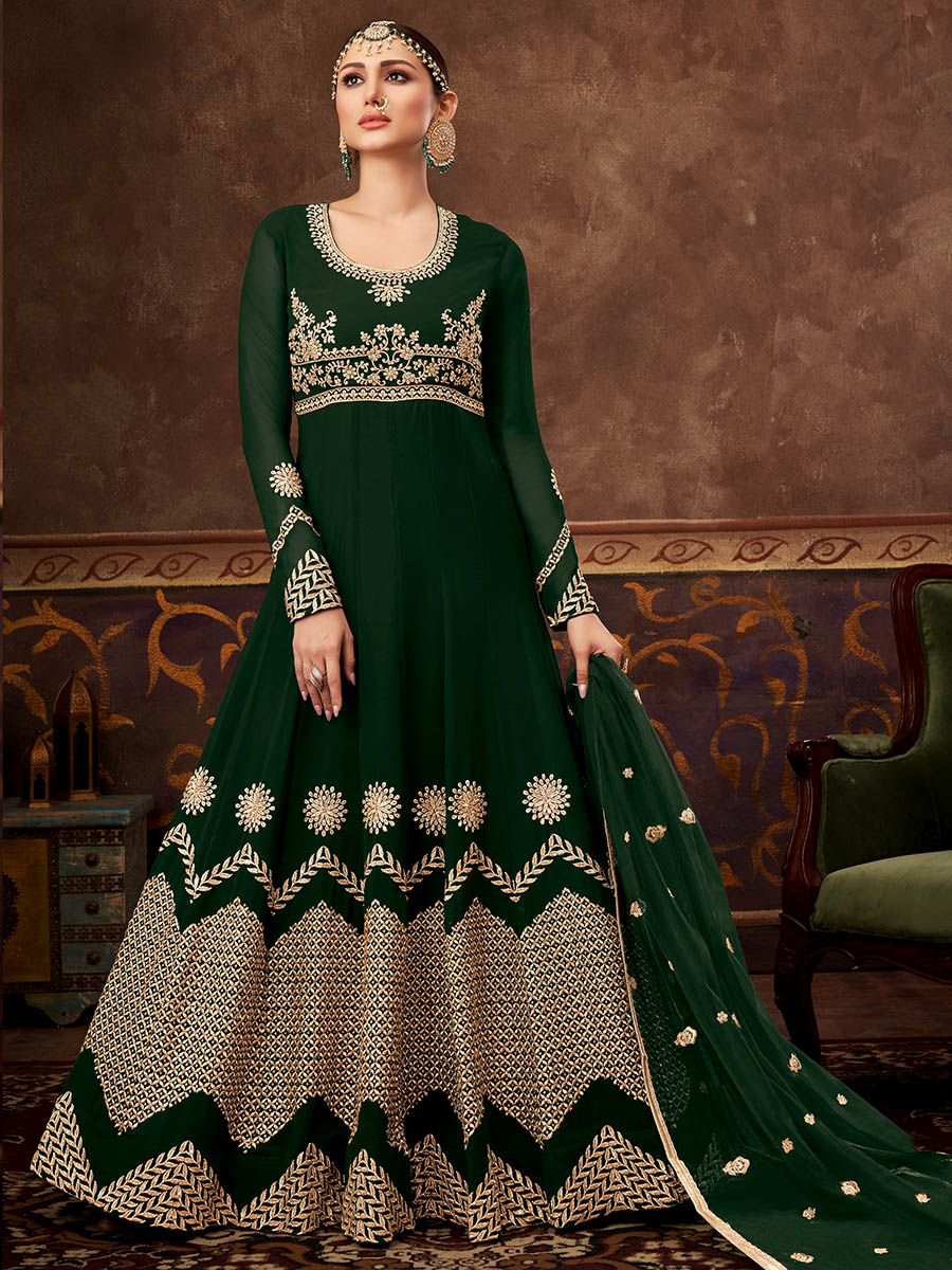 Women's Deep Green Real Georgette Embroidered Anarkali Suit - Myracouture