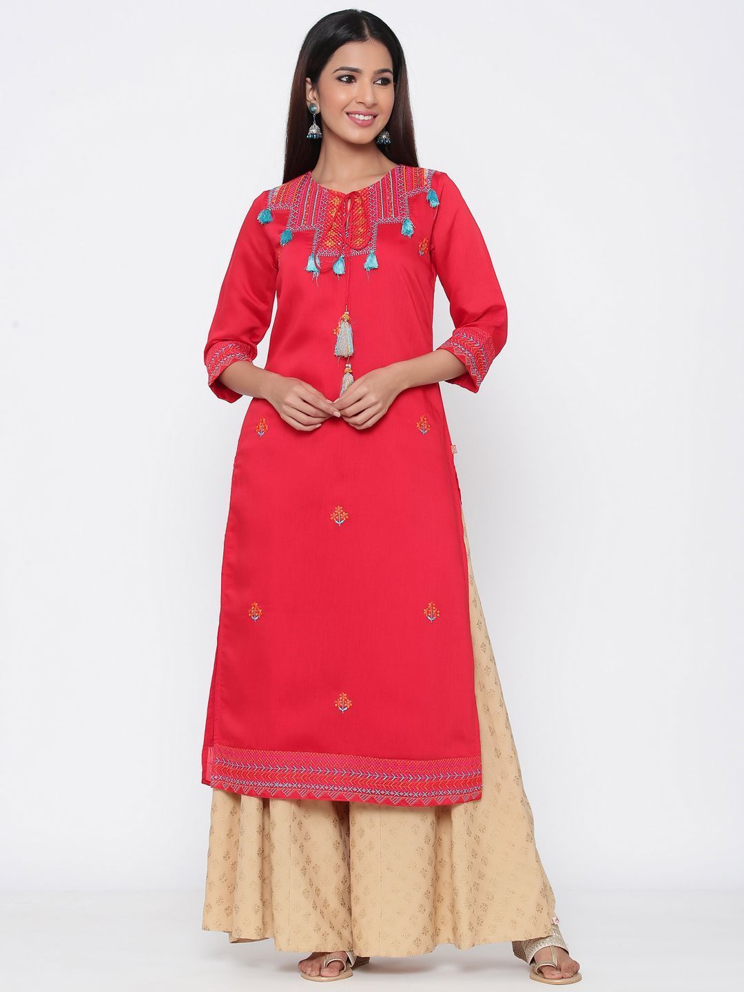 Women's Berryred Chanderi Silk Embroidered Straight Kurta - Juniper
