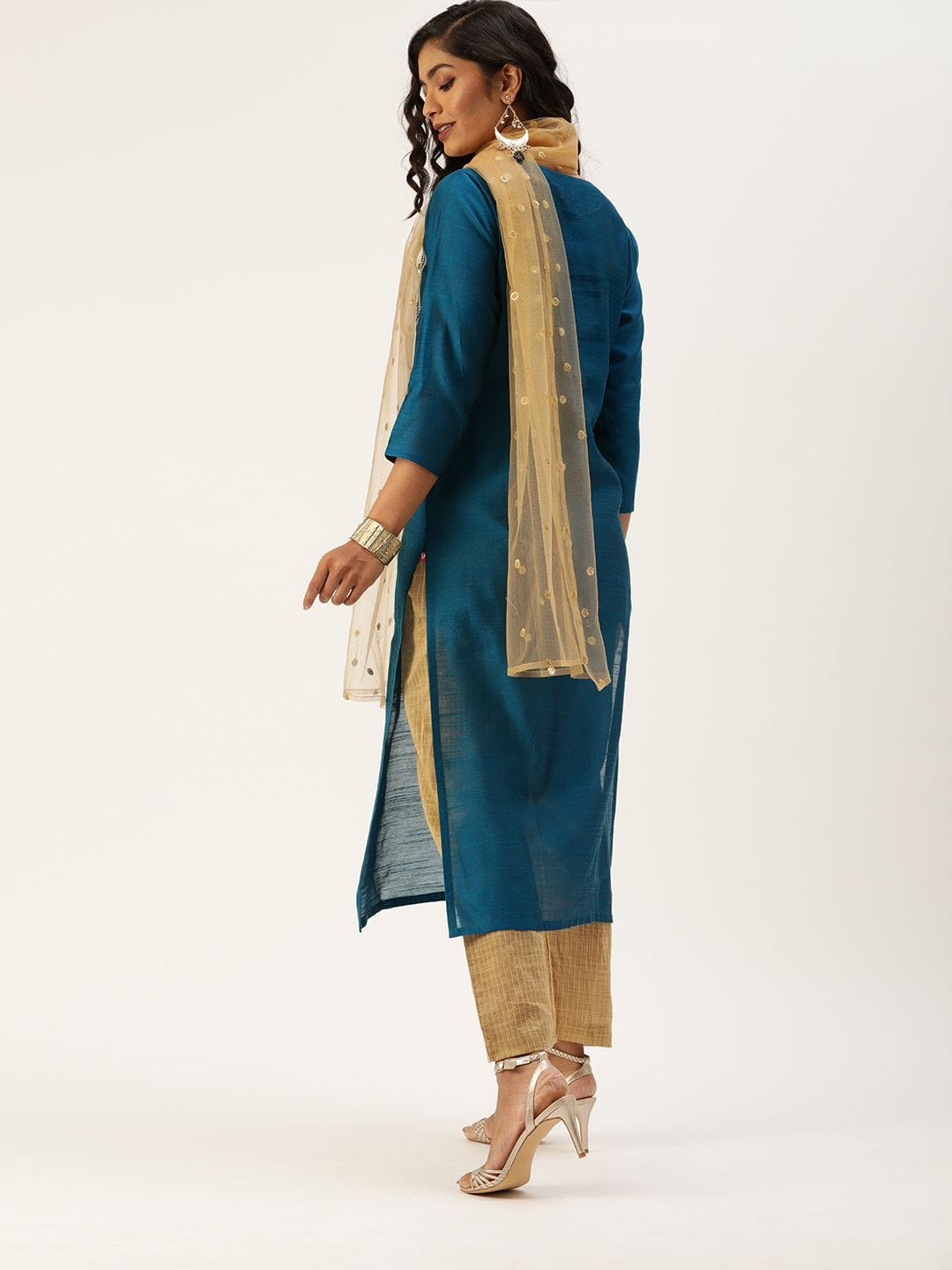Women's Teal Blue & Beige Sequined Yoke Design Kurta With Trousers & Dupatta - Varanga