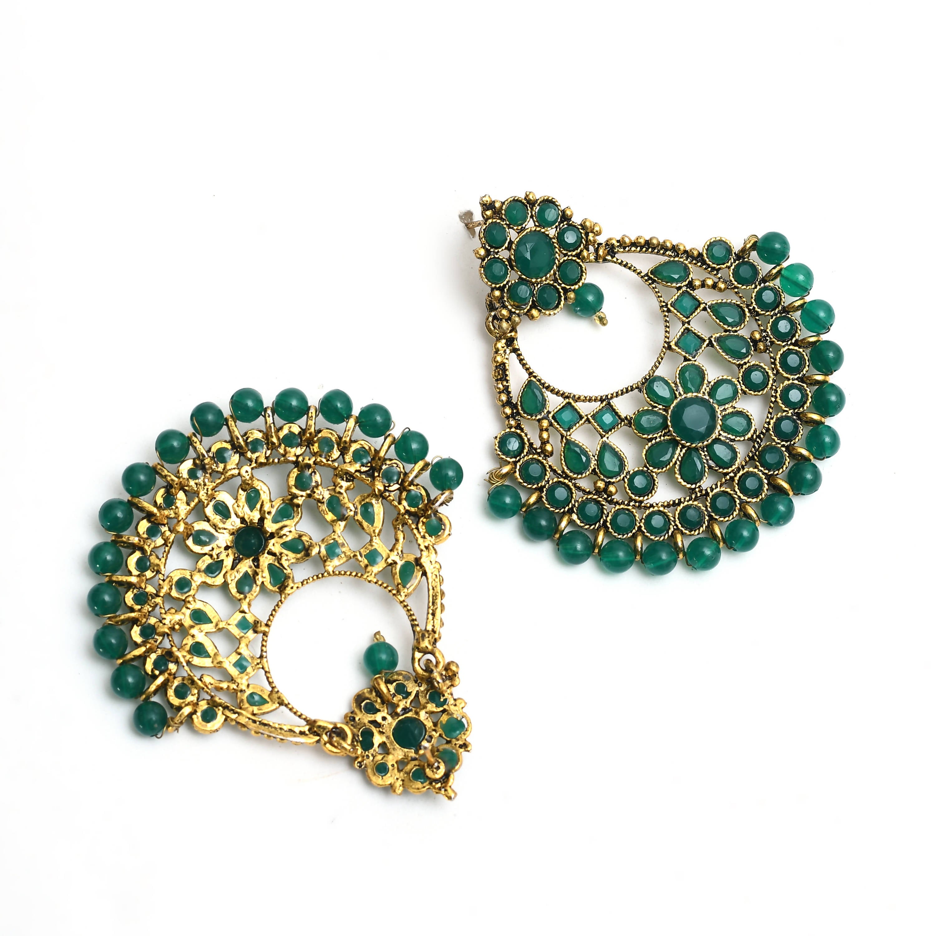 Johar Kamal Gold-Plated Kundan & Pearls Green Color Earrings Jker_066