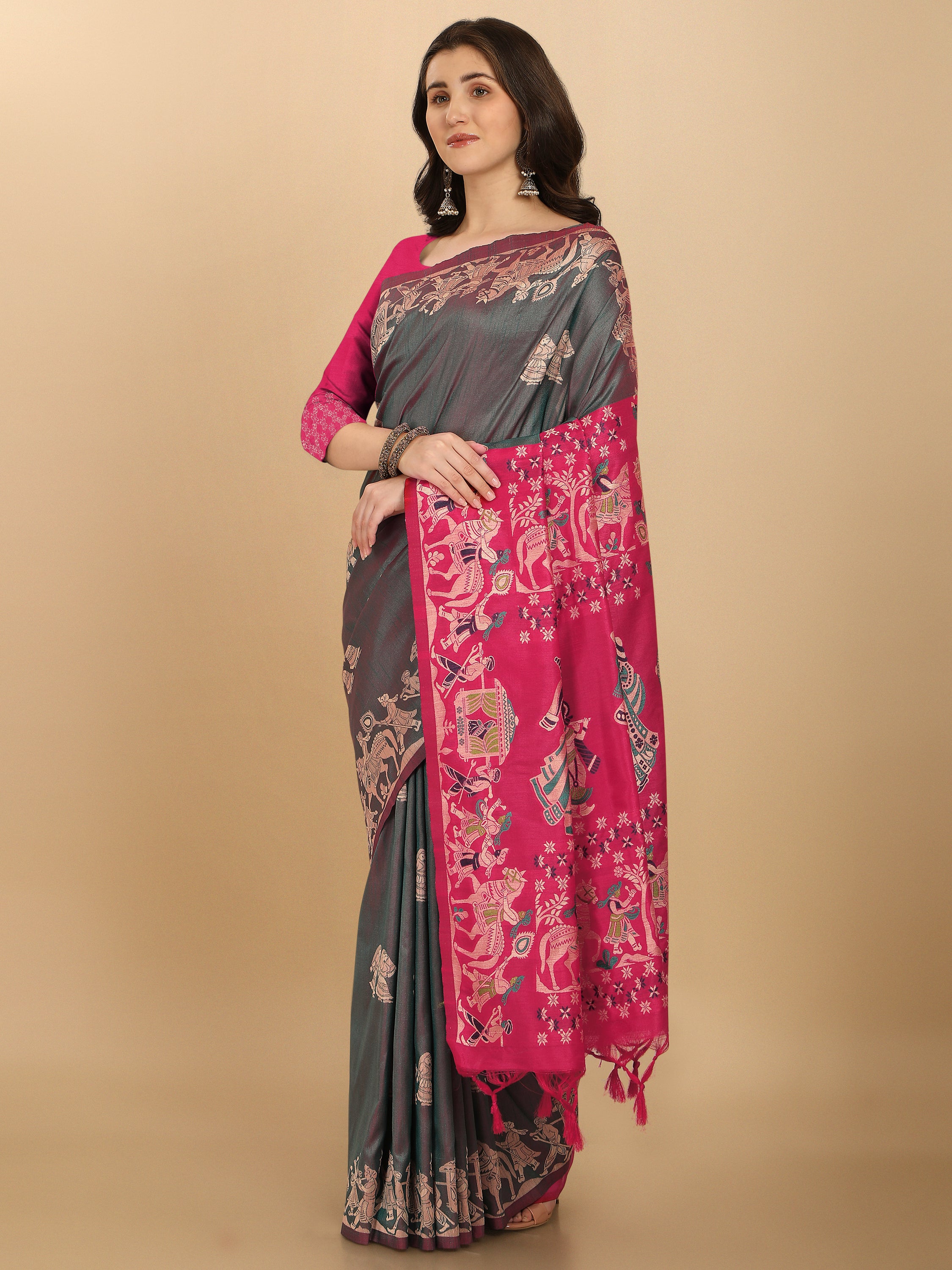 Women's Hunter Green Woven Handloom Raw Silk Saree With Tassels - Vishnu Weaves