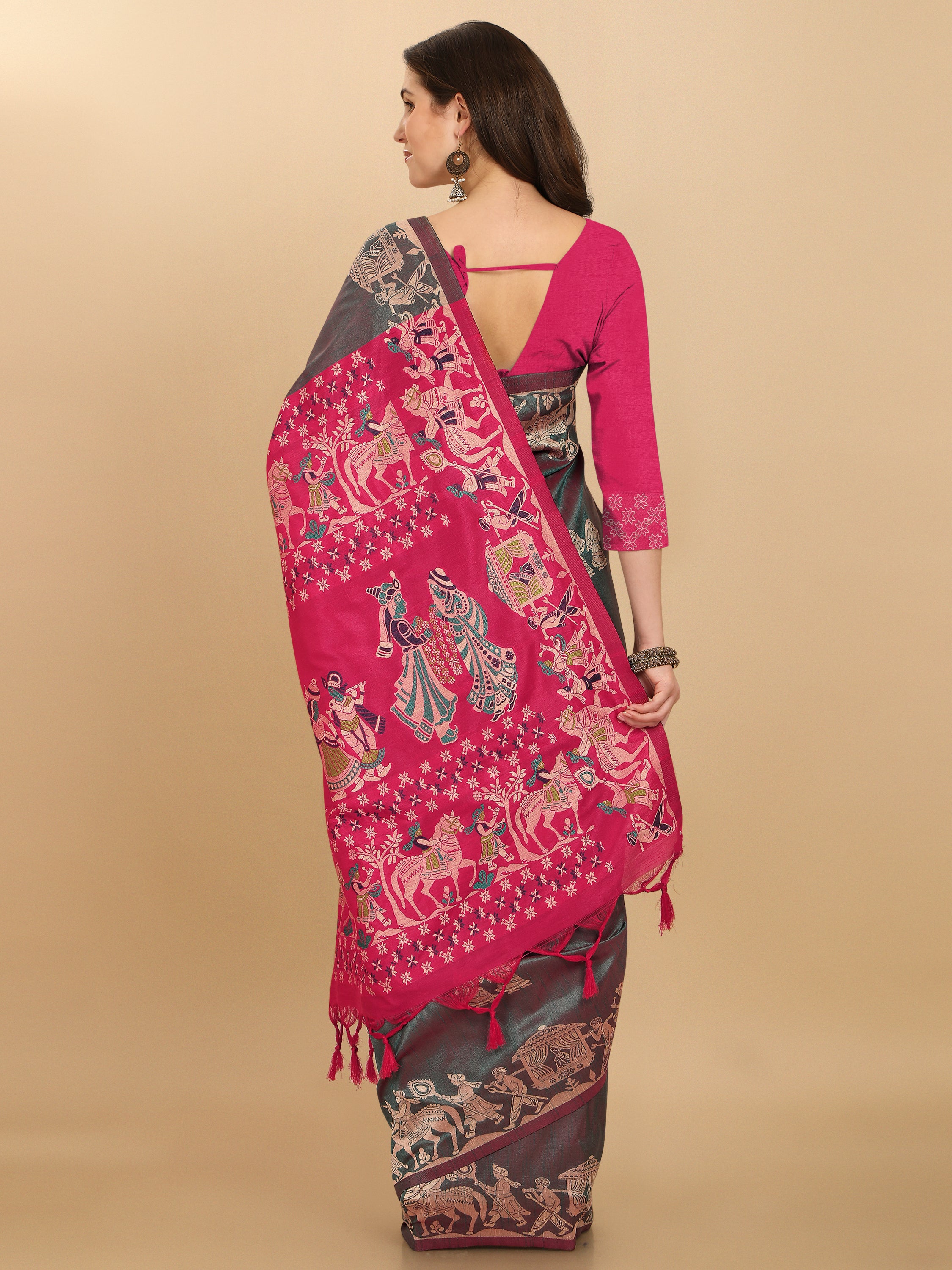 Women's Hunter Green Woven Handloom Raw Silk Saree With Tassels - Vishnu Weaves
