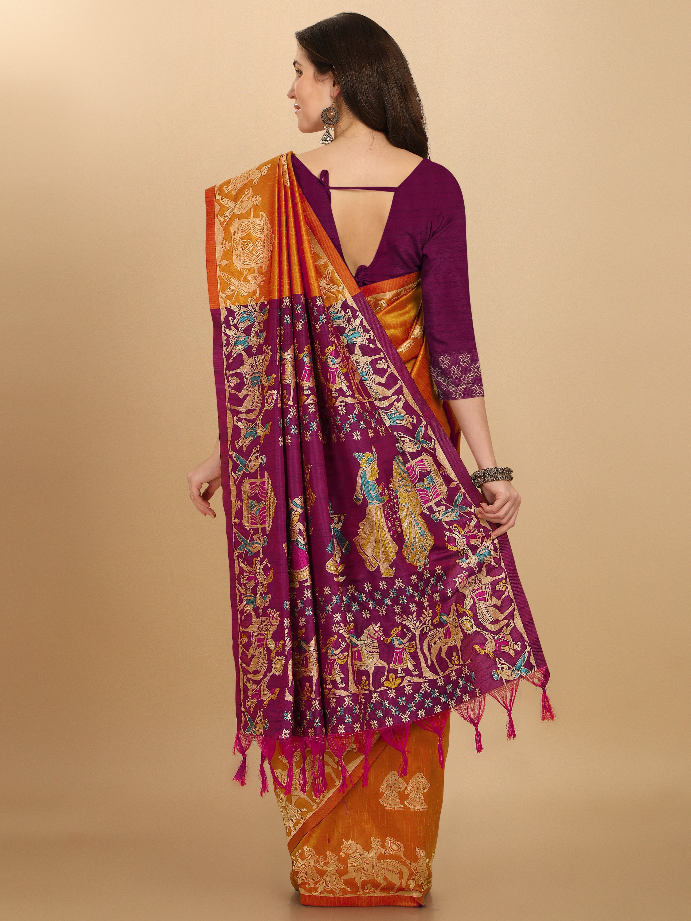 Women's Orange Woven Handloom Raw Silk Saree With Tassels - Vishnu Weaves