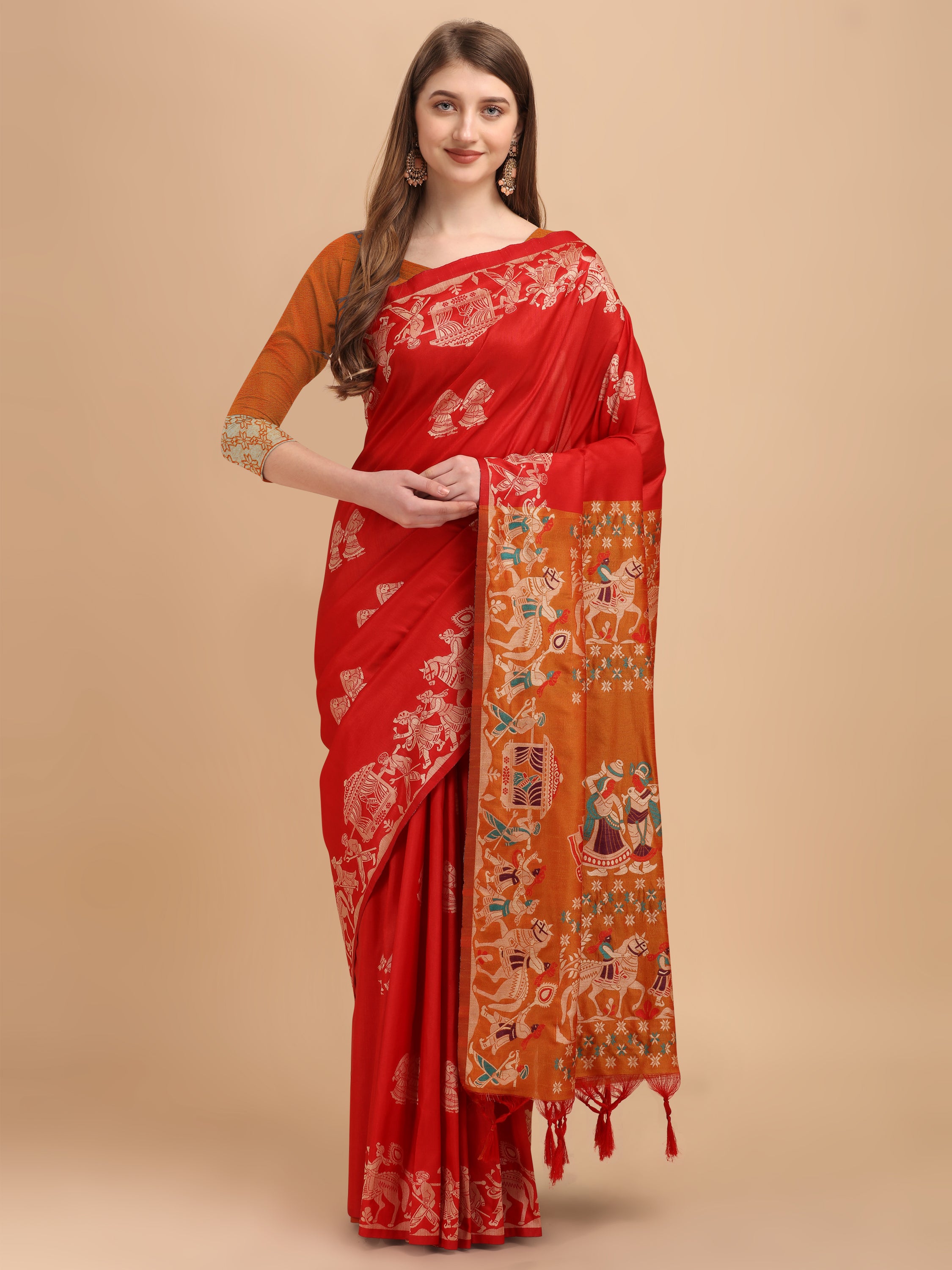 Women's Red Woven Handloom Raw Silk Saree With Tassels - Vishnu Weaves