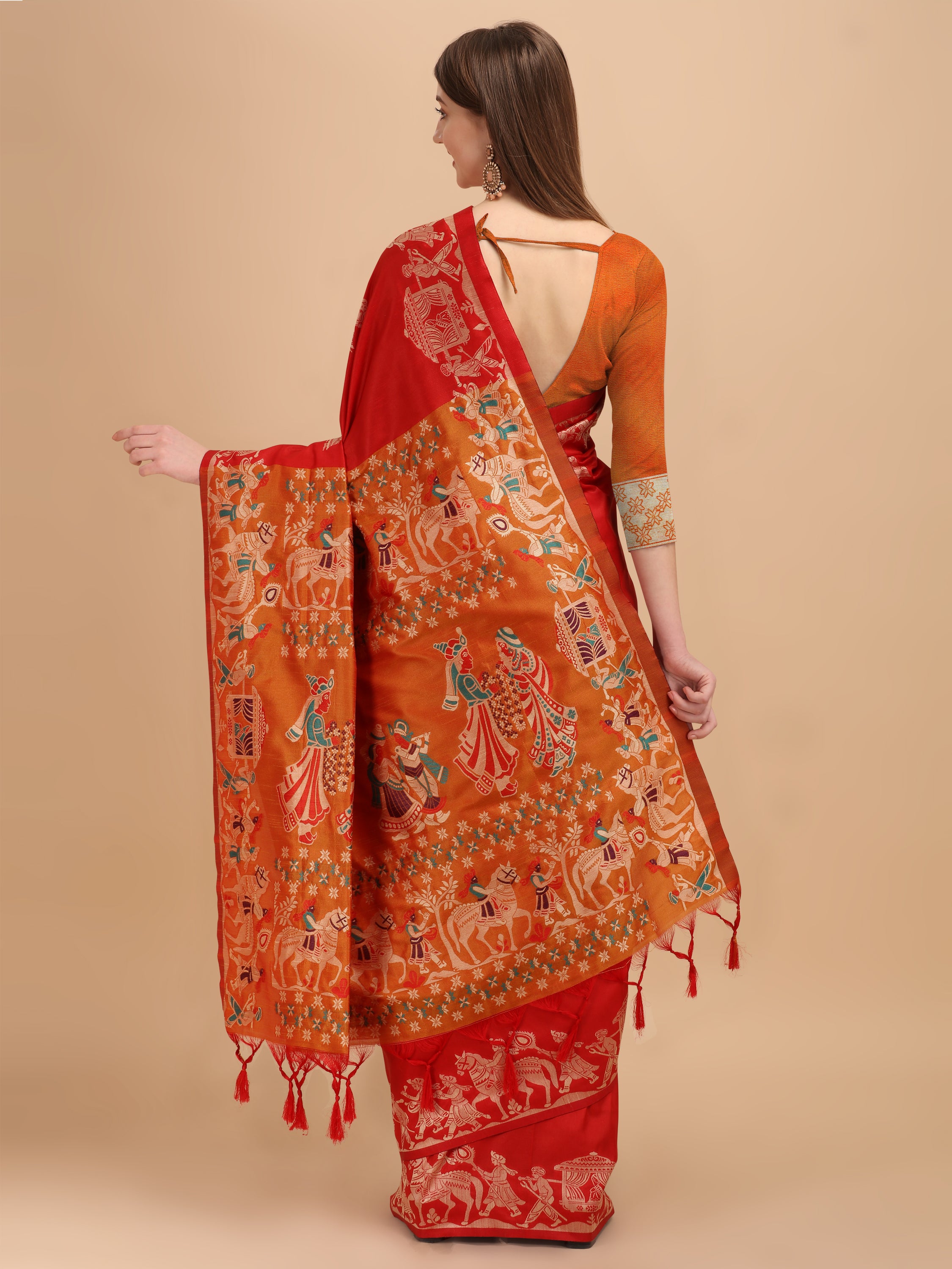 Women's Red Woven Handloom Raw Silk Saree With Tassels - Vishnu Weaves