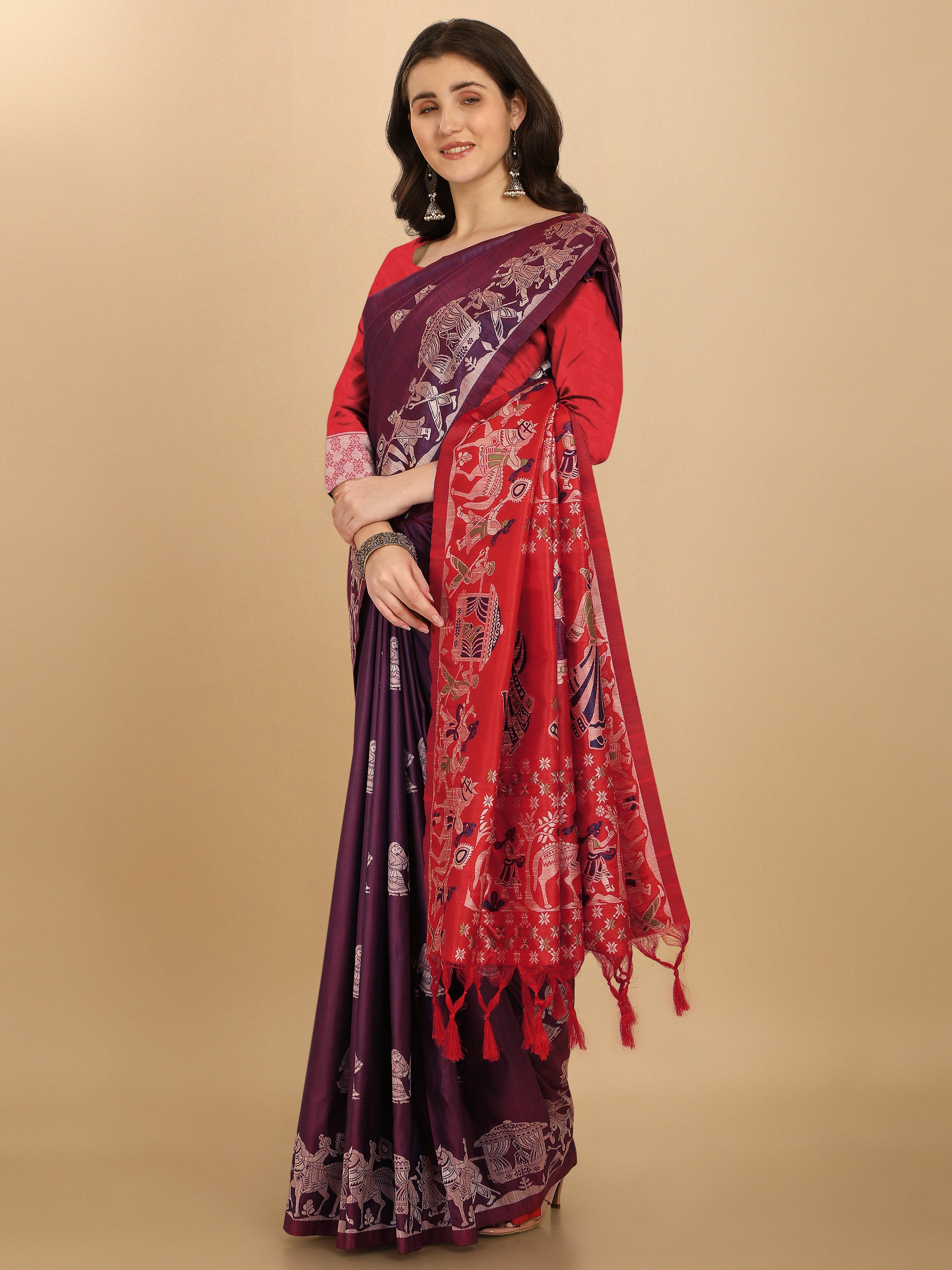 Women's Wine Woven Handloom Raw Silk Saree With Tassels - Vishnu Weaves
