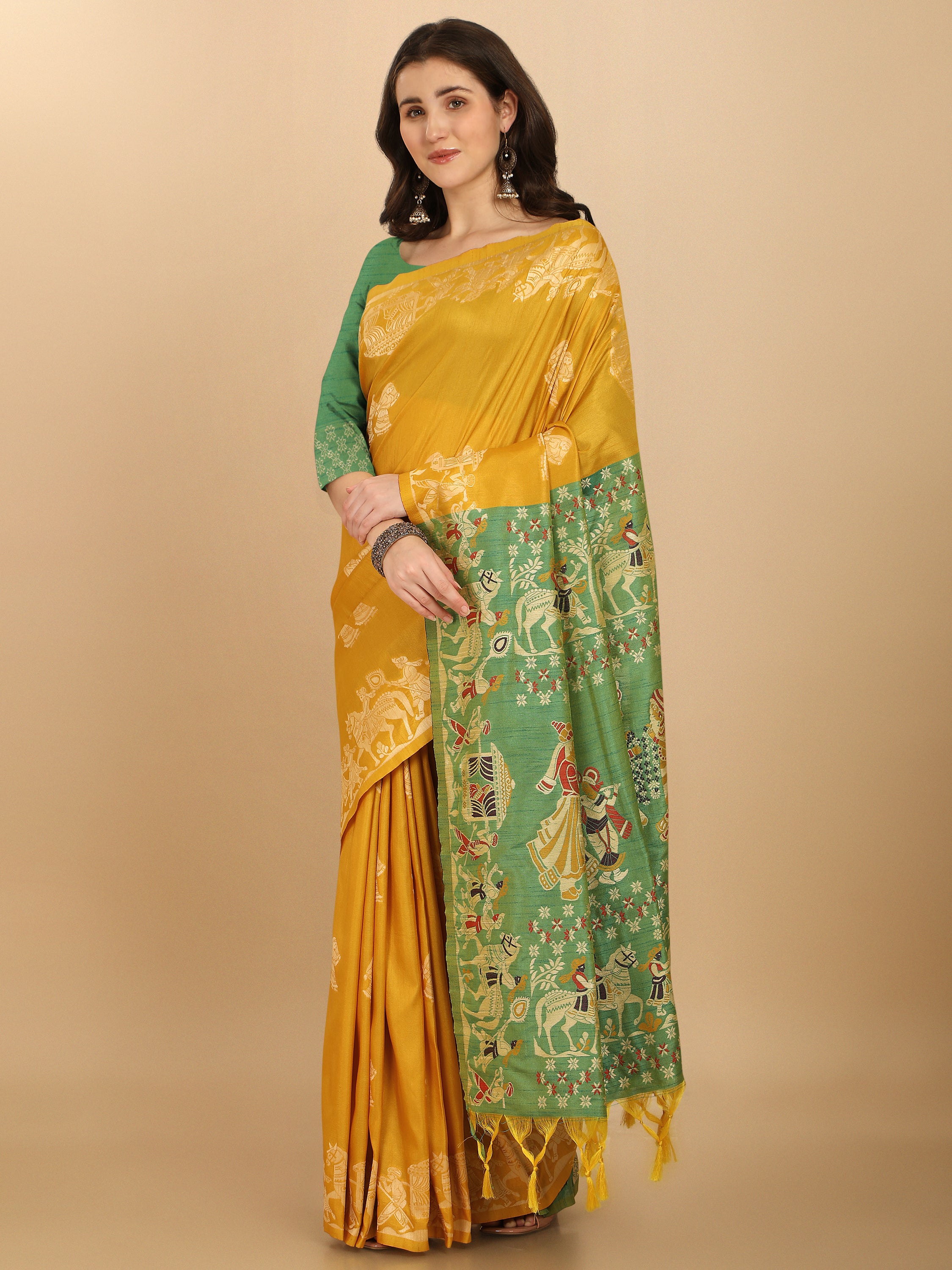 Women's Yellow Woven Handloom Raw Silk Saree With Tassels - Vishnu Weaves