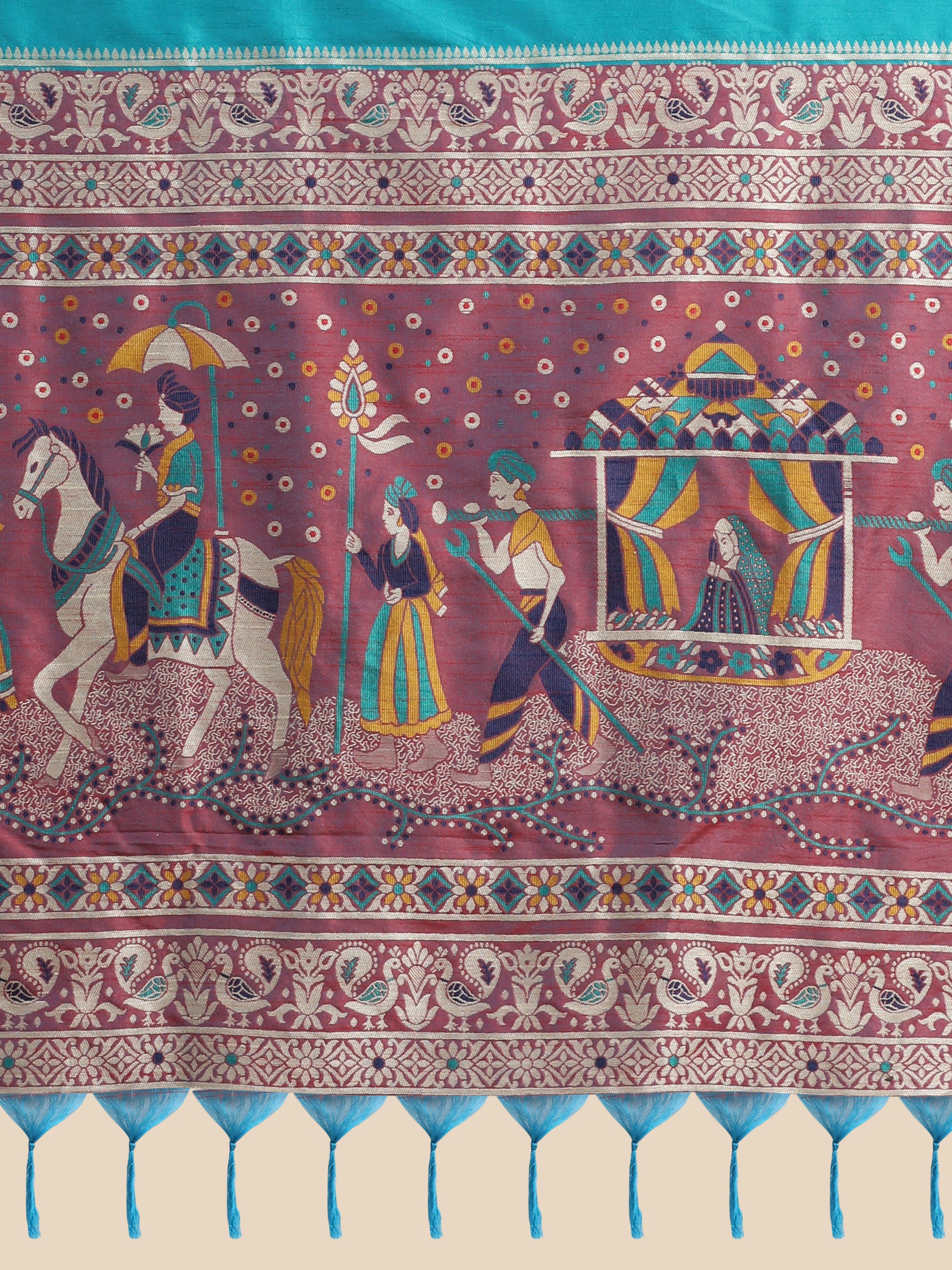 Women's Firozi Woven Handloom Raw Silk Saree With Tassels - Vishnu Weaves