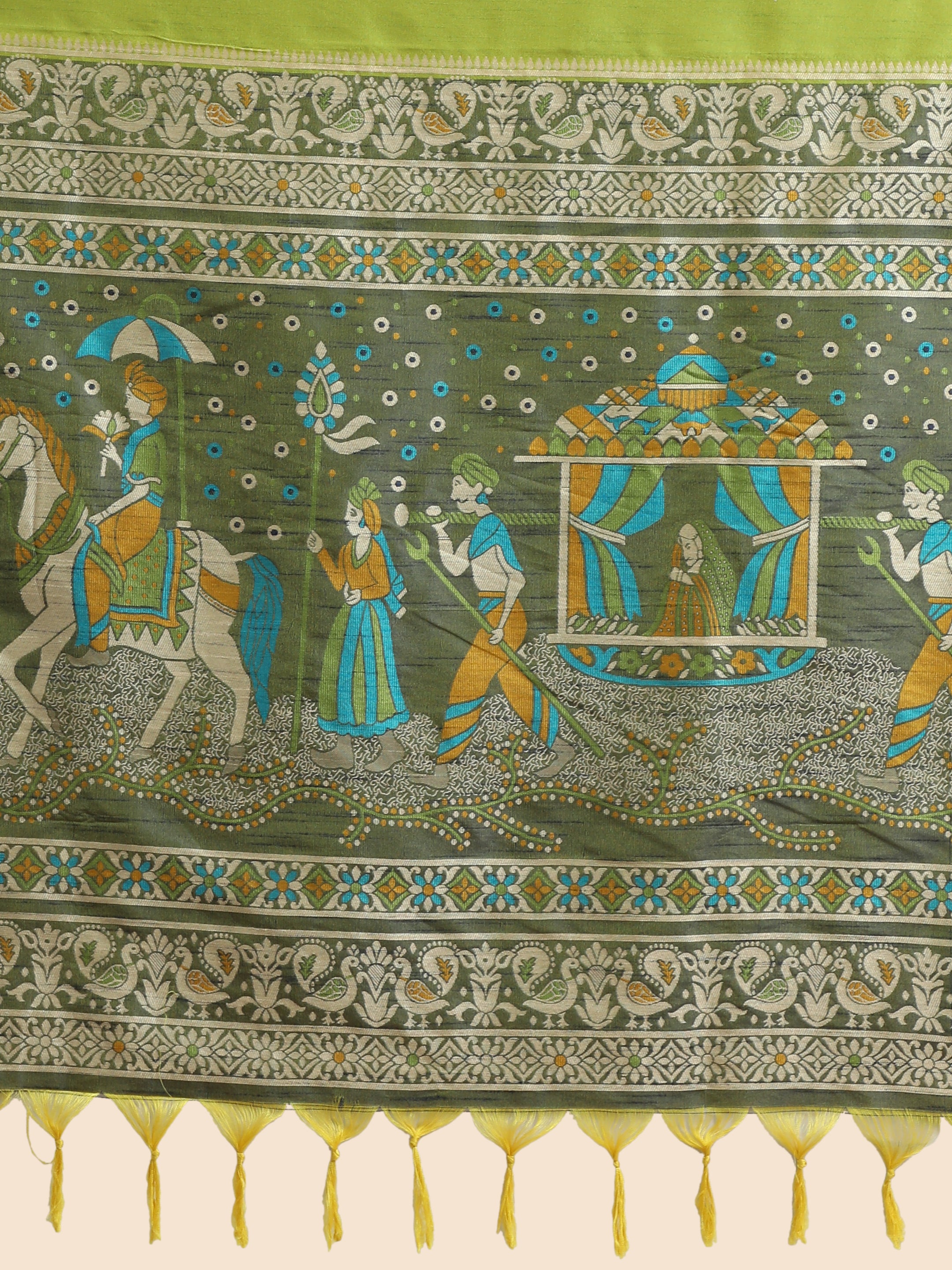 Women's Olive Woven Handloom Raw Silk Saree With Tassels - Vishnu Weaves