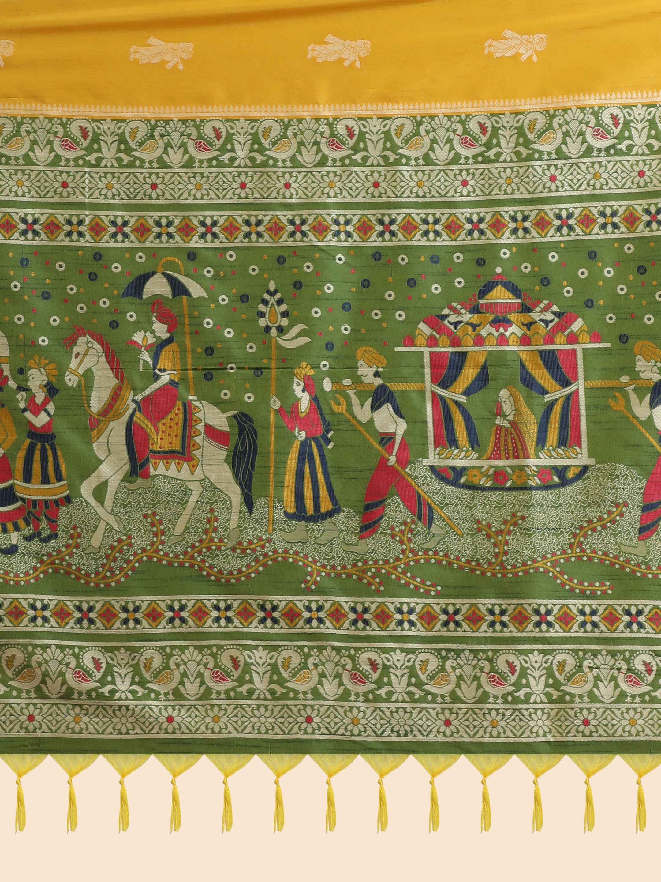Women's Mustard Woven Handloom Raw Silk Saree With Tassels - Vishnu Weaves