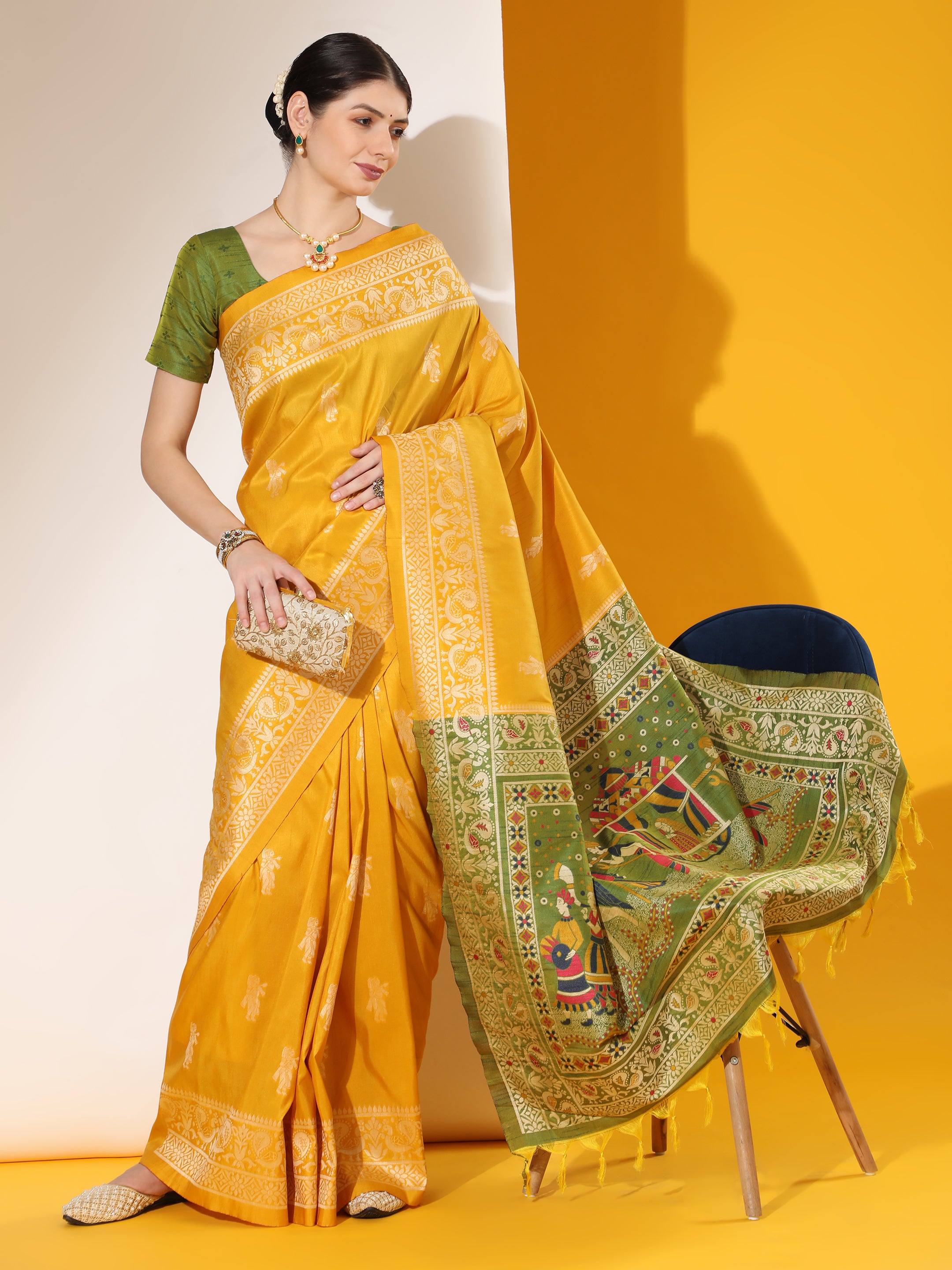 Women's Mustard Woven Handloom Raw Silk Saree With Tassels - Vishnu Weaves