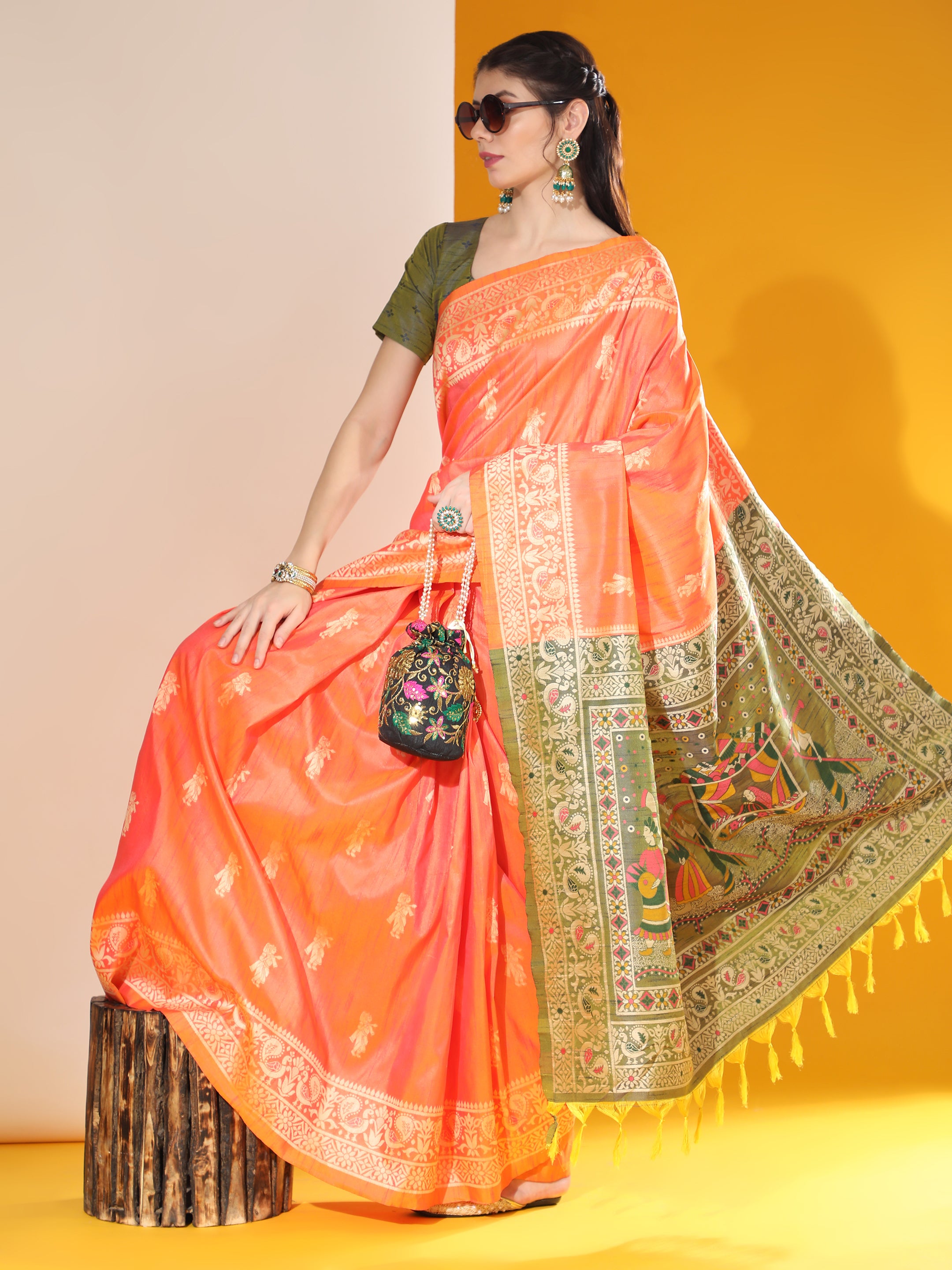 Women's Orange Woven Handloom Raw Silk Saree With Tassels - Vishnu Weaves