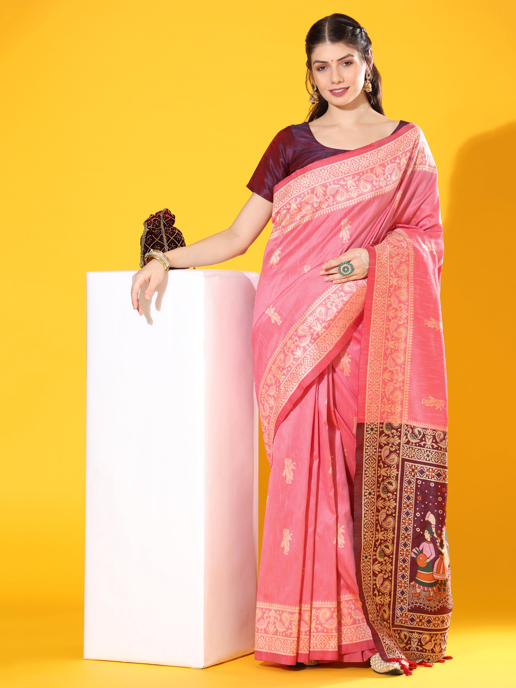 Women's Pink Woven Handloom Raw Silk Saree With Tassels - Vishnu Weaves