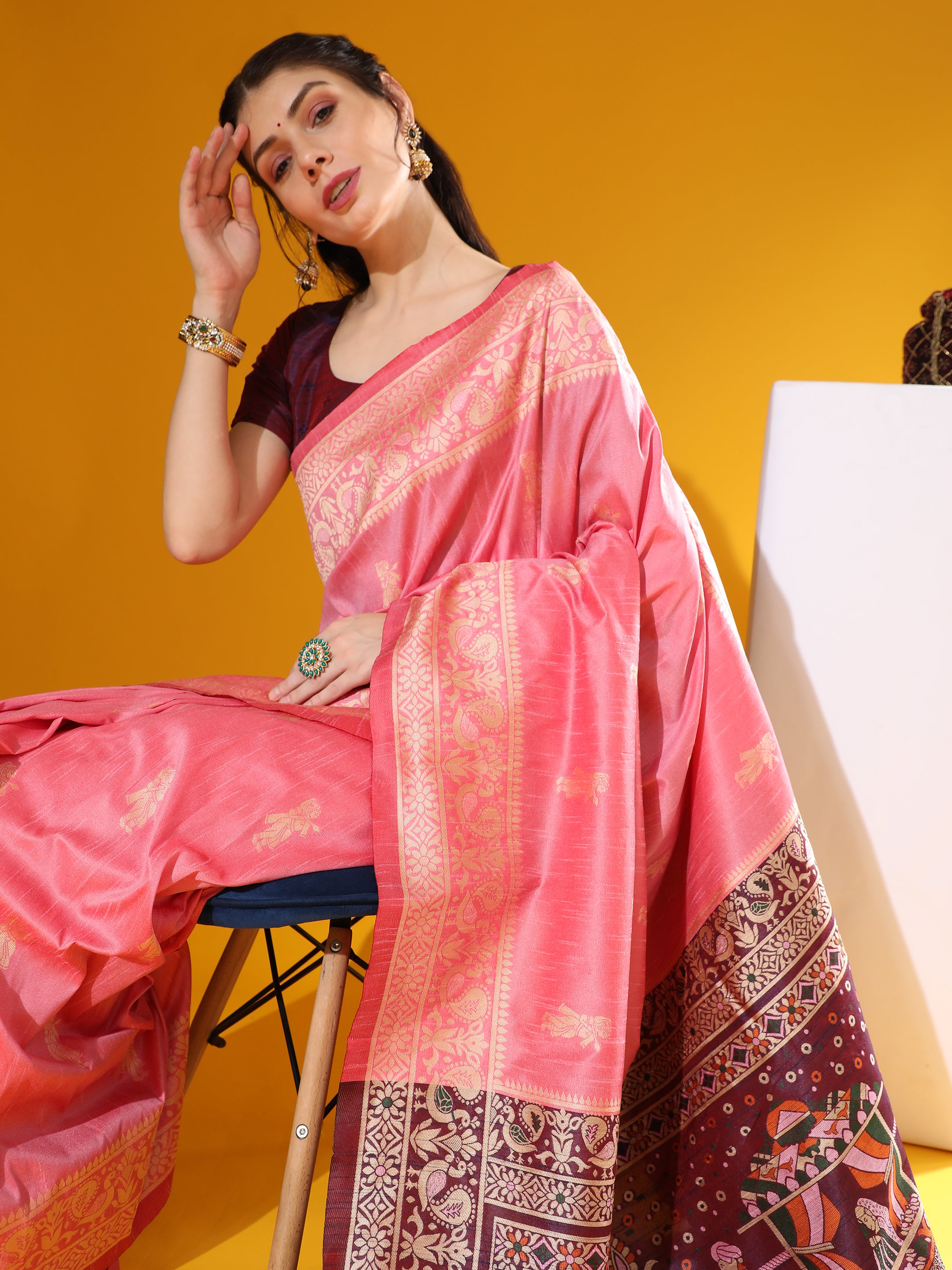 Women's Pink Woven Handloom Raw Silk Saree With Tassels - Vishnu Weaves