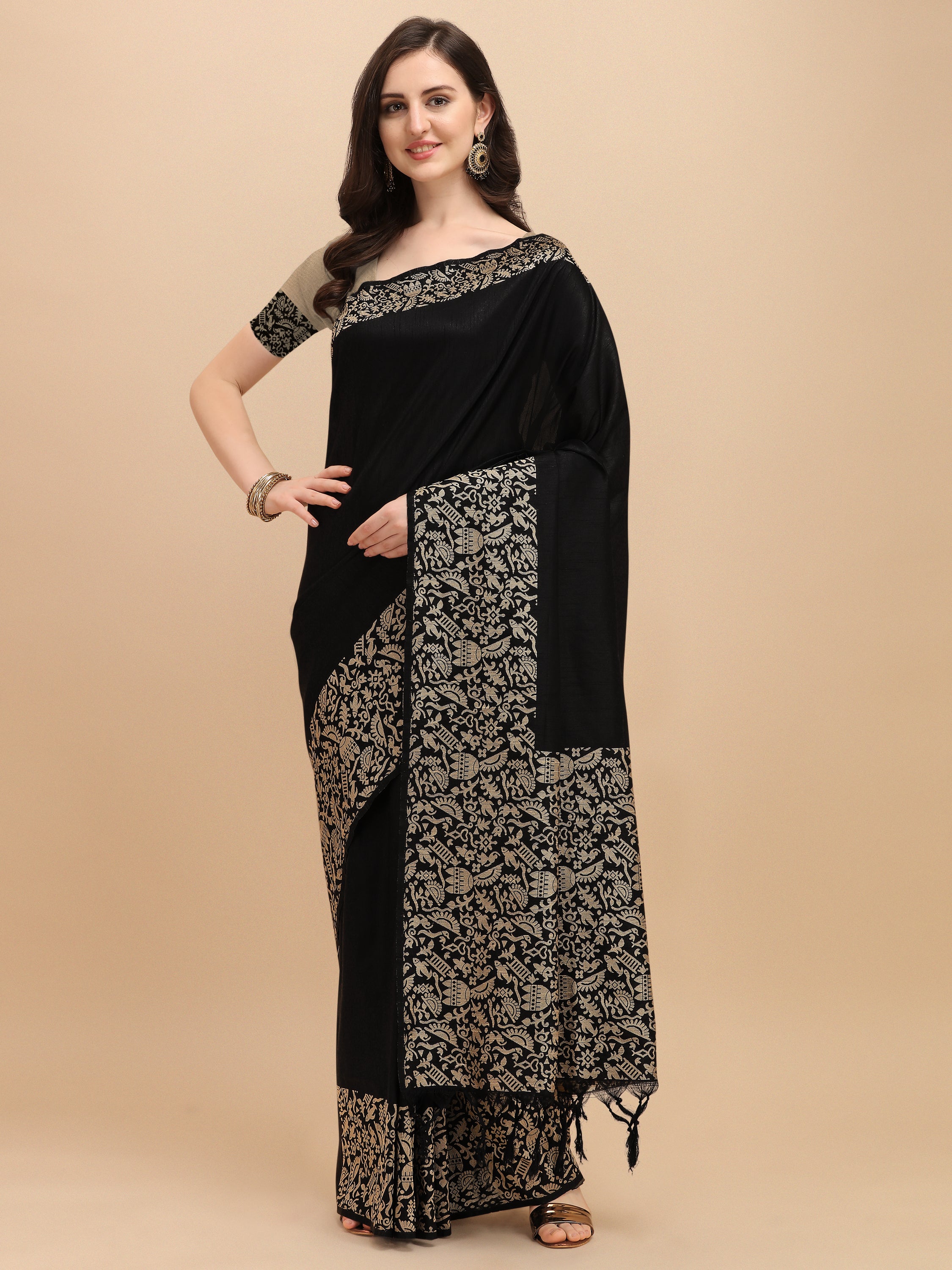 Women's Black Woven Handloom Raw Silk Saree With Tassels - Vishnu Weaves