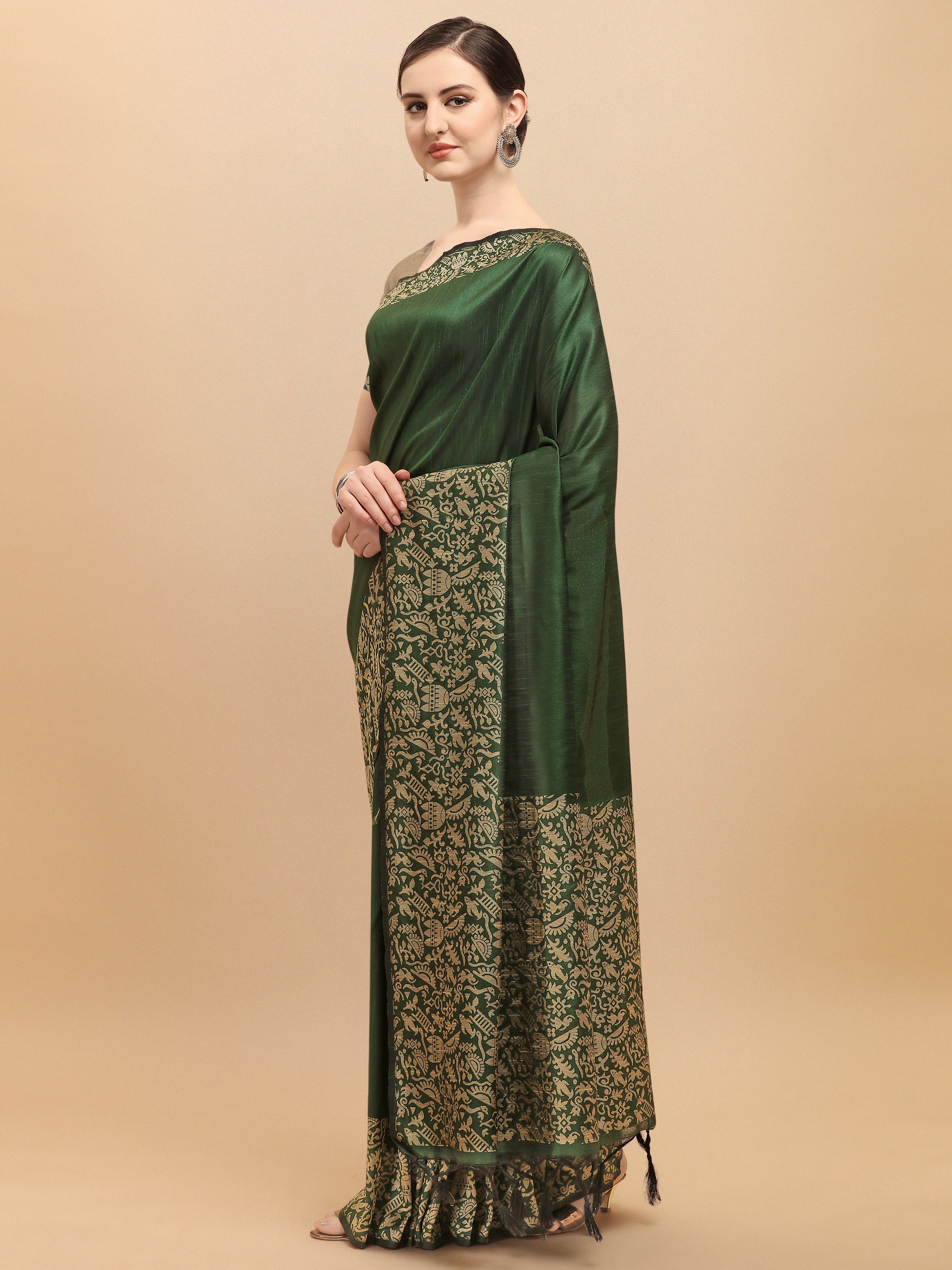 Women's Green Woven Handloom Raw Silk Saree With Tassels - Vishnu Weaves