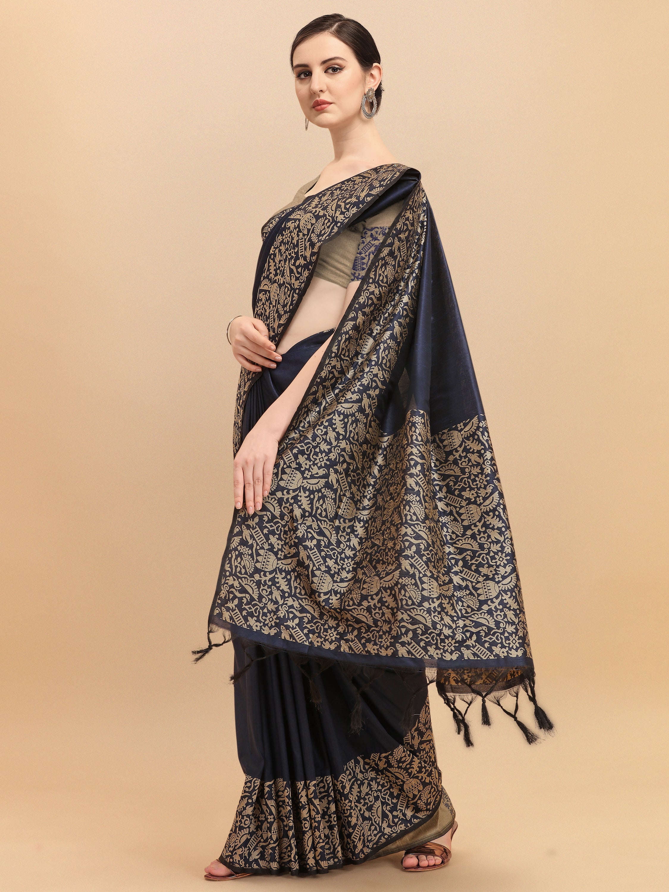Women's Navy Blue Woven Handloom Raw Silk Saree With Tassels - Vishnu Weaves