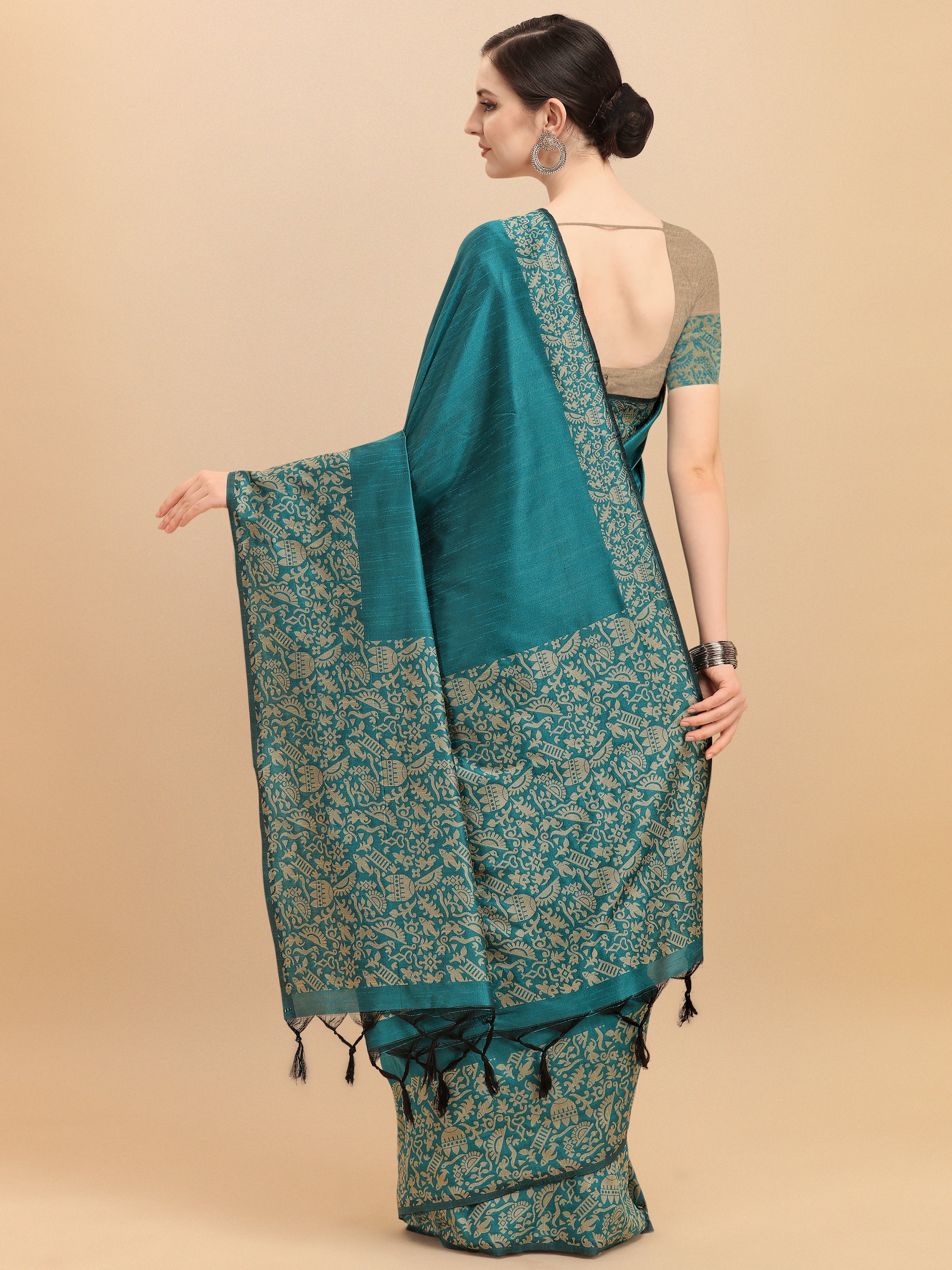 Women's Teal Woven Handloom Raw Silk Saree With Tassels - Vishnu Weaves