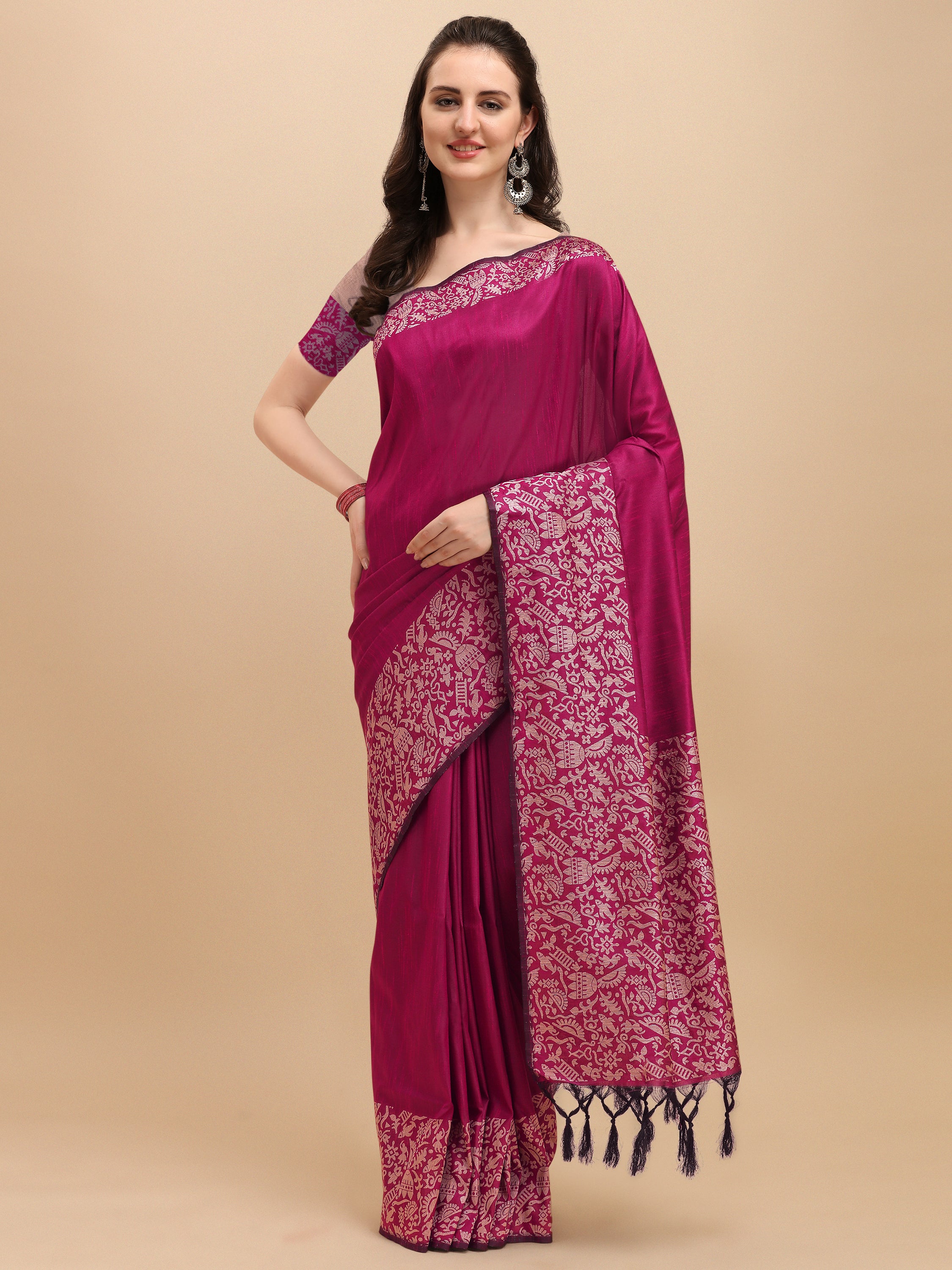Women's Rani Pink Woven Handloom Raw Silk Saree With Tassels - Vishnu Weaves