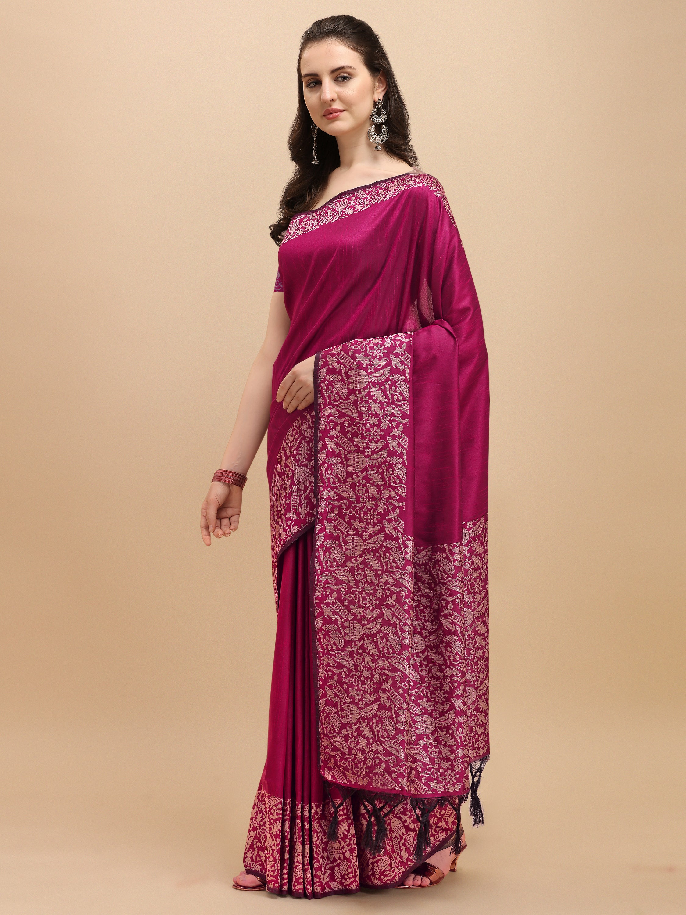 Women's Rani Pink Woven Handloom Raw Silk Saree With Tassels - Vishnu Weaves