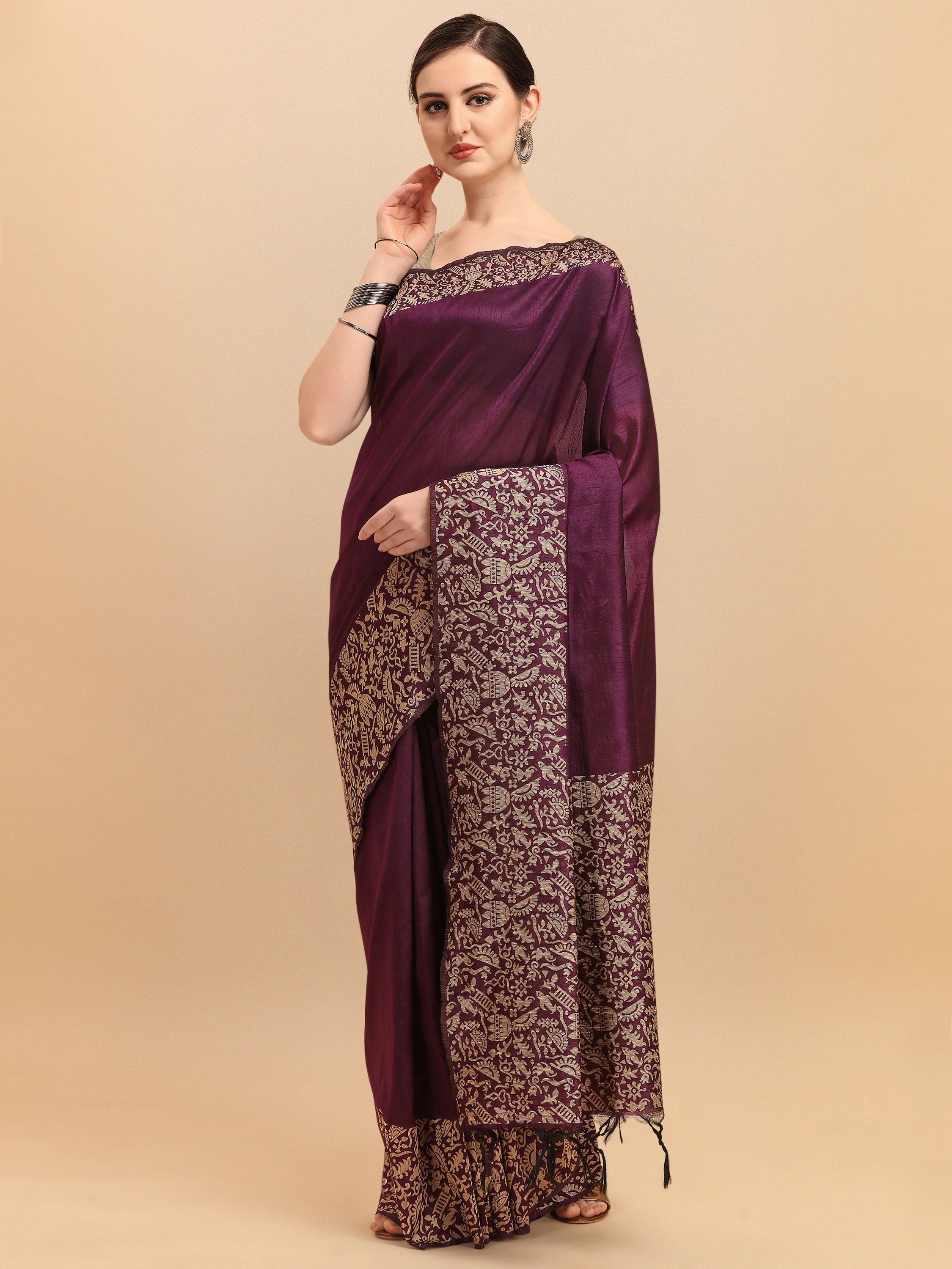 Women's Wine Woven Handloom Raw Silk Saree With Tassels - Vishnu Weaves