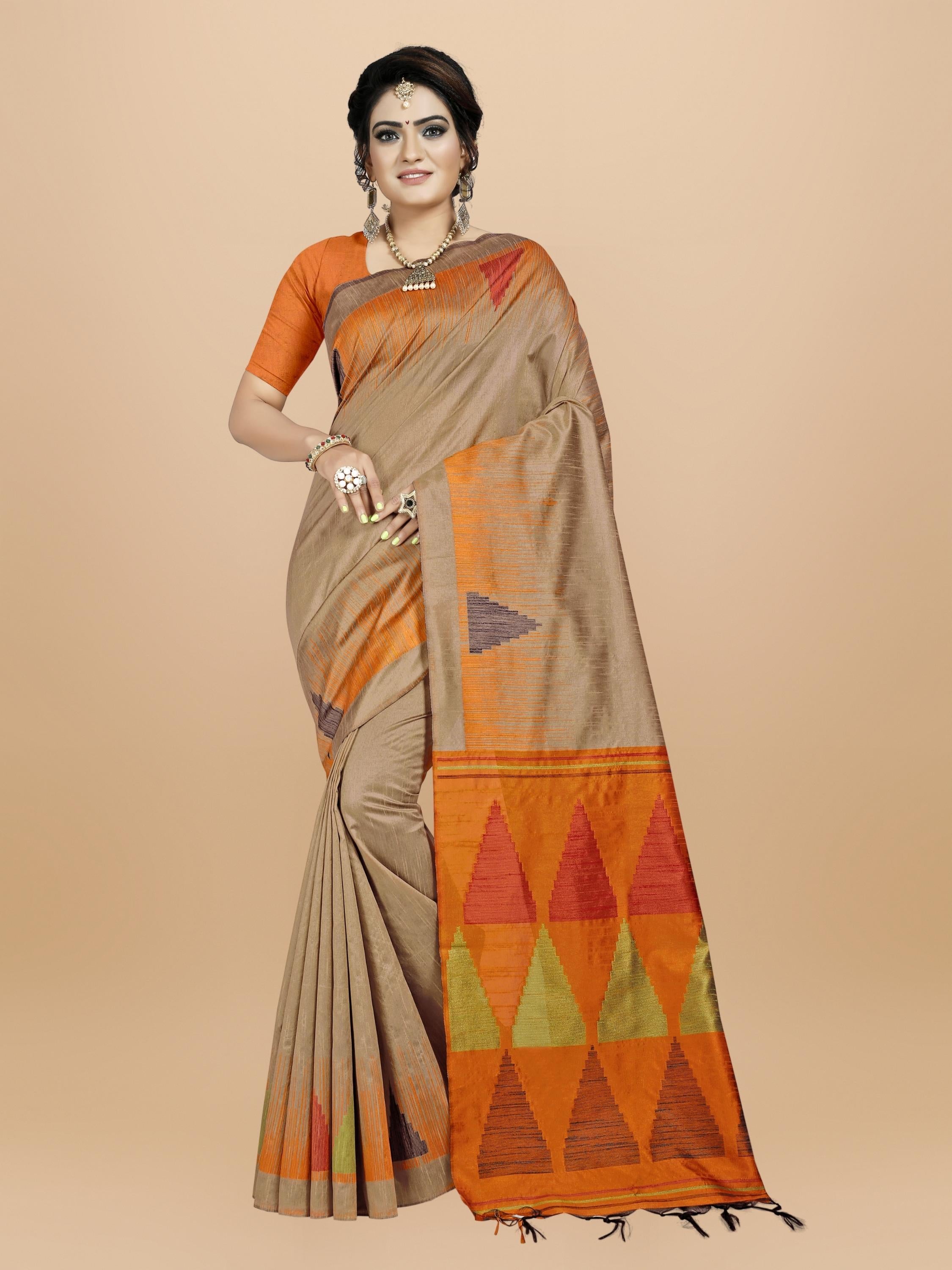Women's Beige Woven Handloom Raw Silk Saree With Tassels - Vishnu Weaves