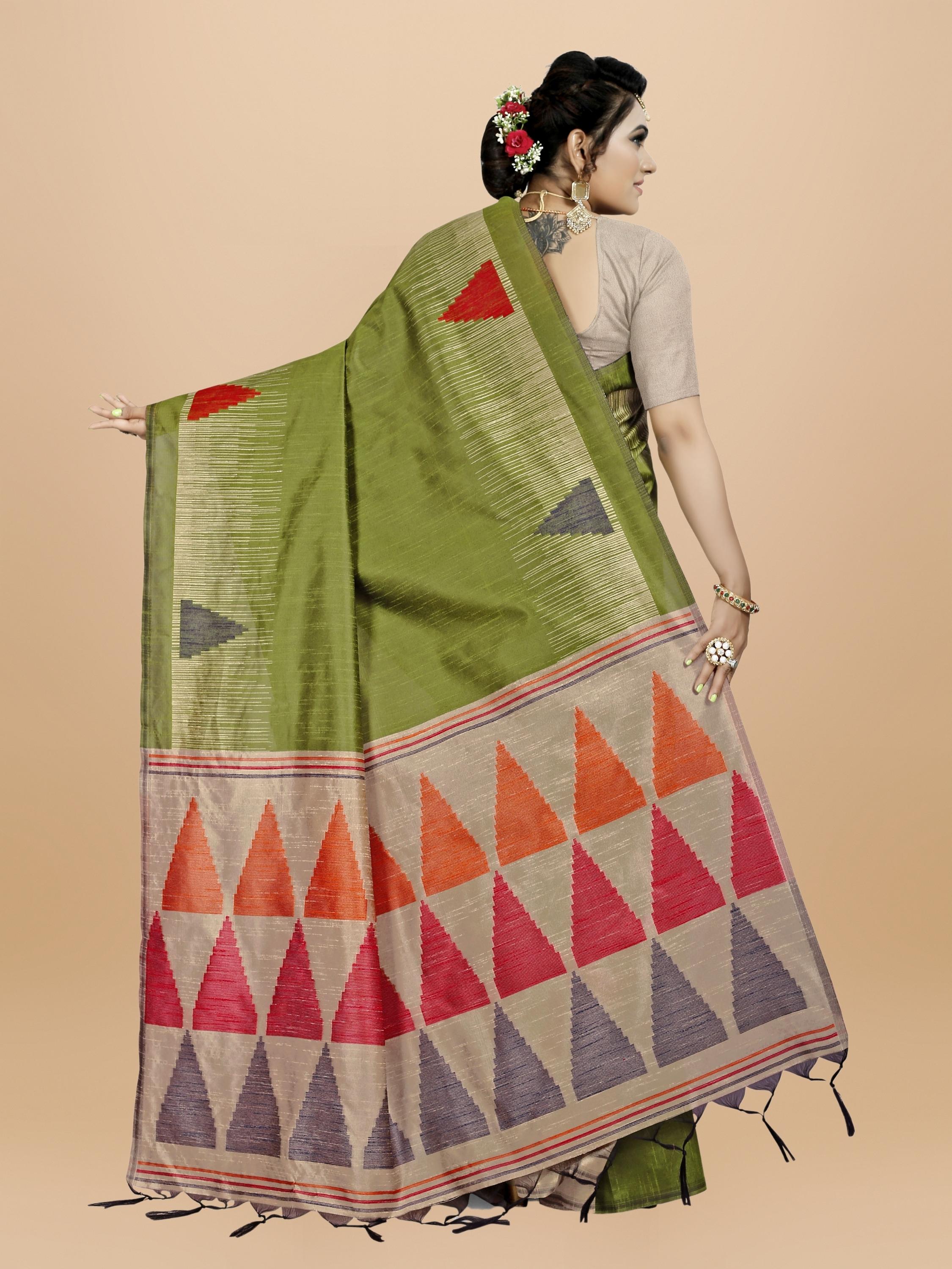 Women's Green Woven Handloom Raw Silk Saree With Tassels - Vishnu Weaves