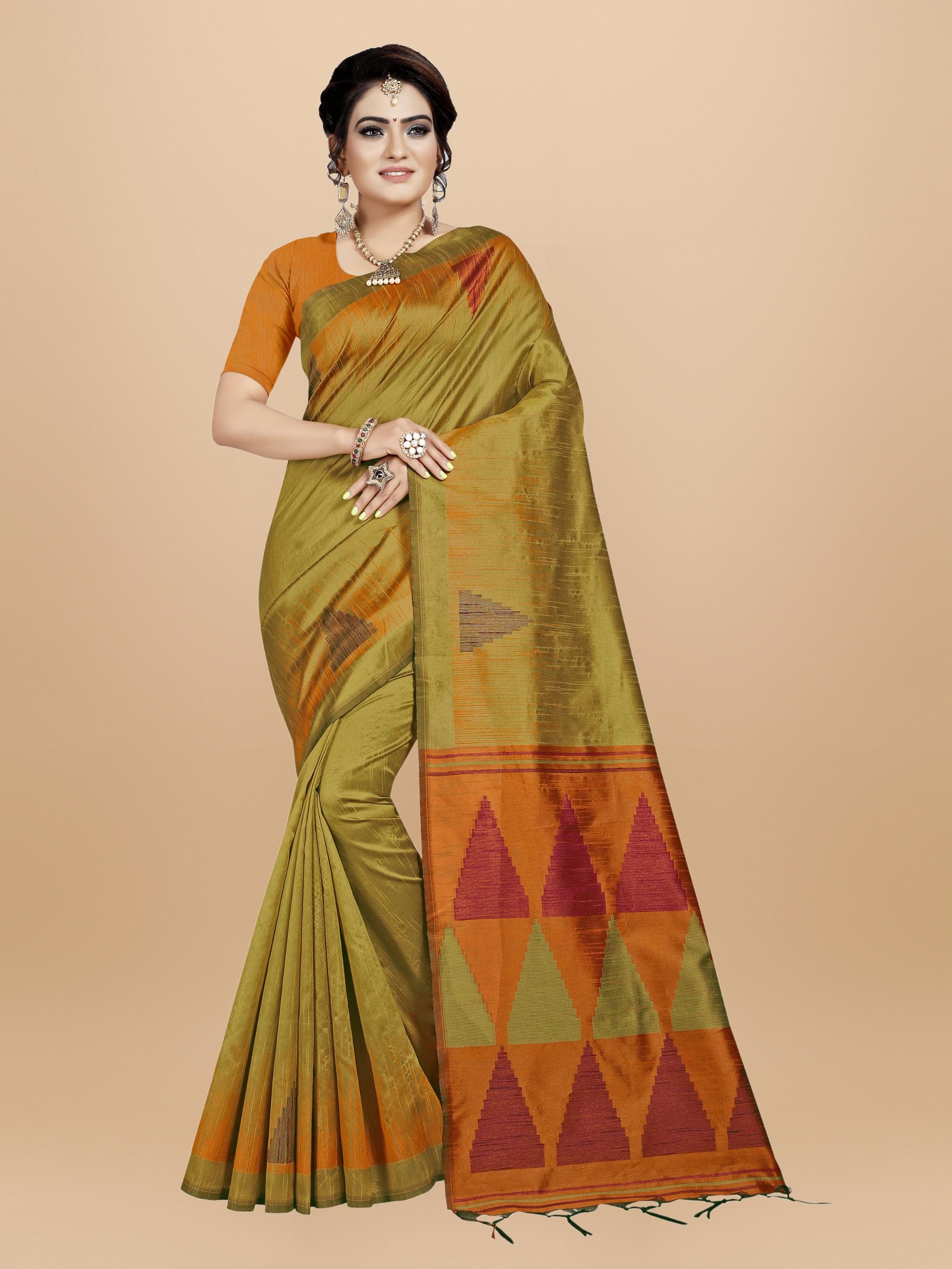 Women's Yellow Woven Handloom Raw Silk Saree With Tassels - Vishnu Weaves