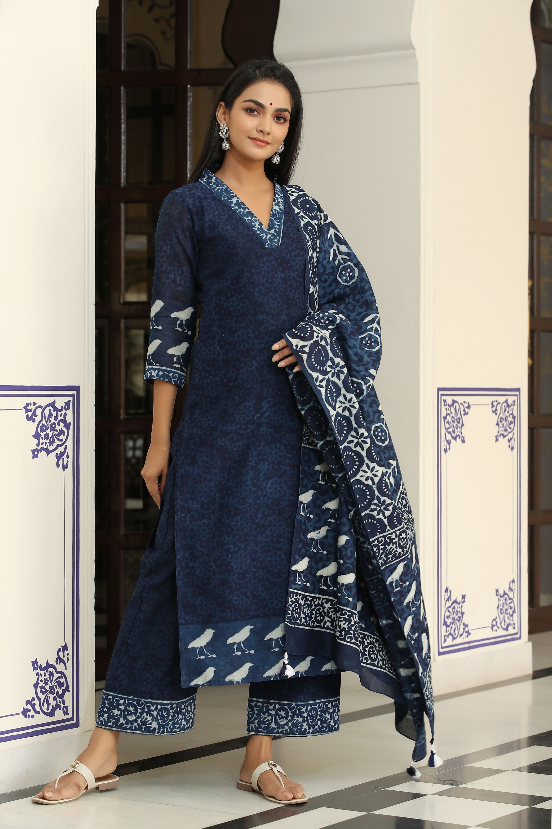 Women's Neelgar Indigo Pure Chanderi Suit Set-Gillori