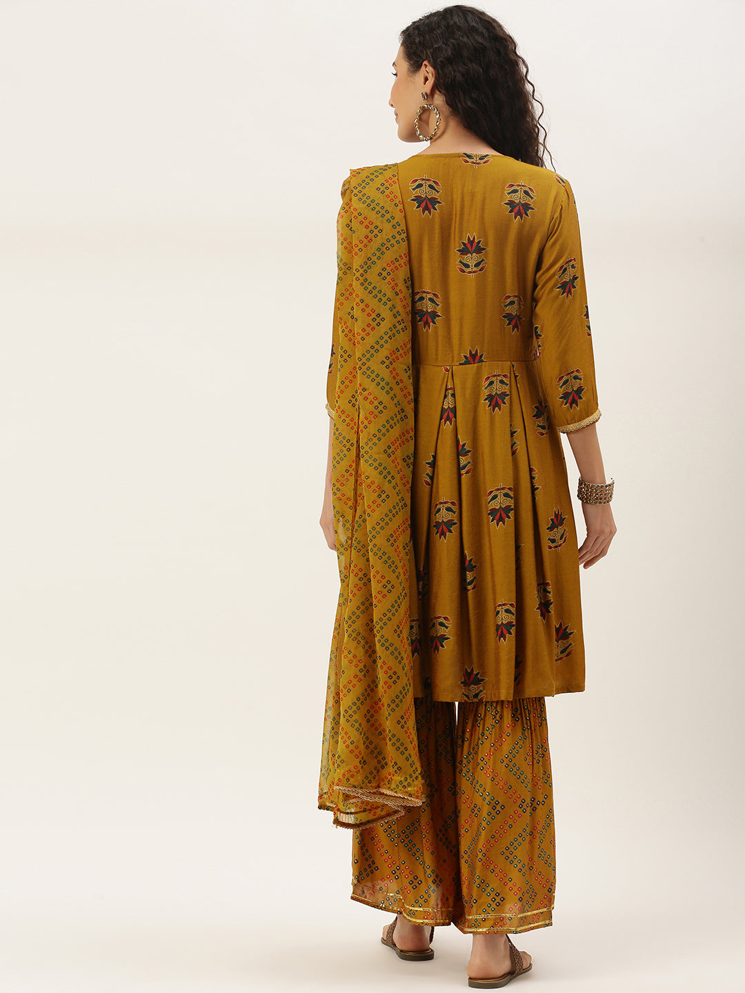 Women's Mustard Color Muslin Foil Printed Kurta Sharara With Dupatta - VAABA