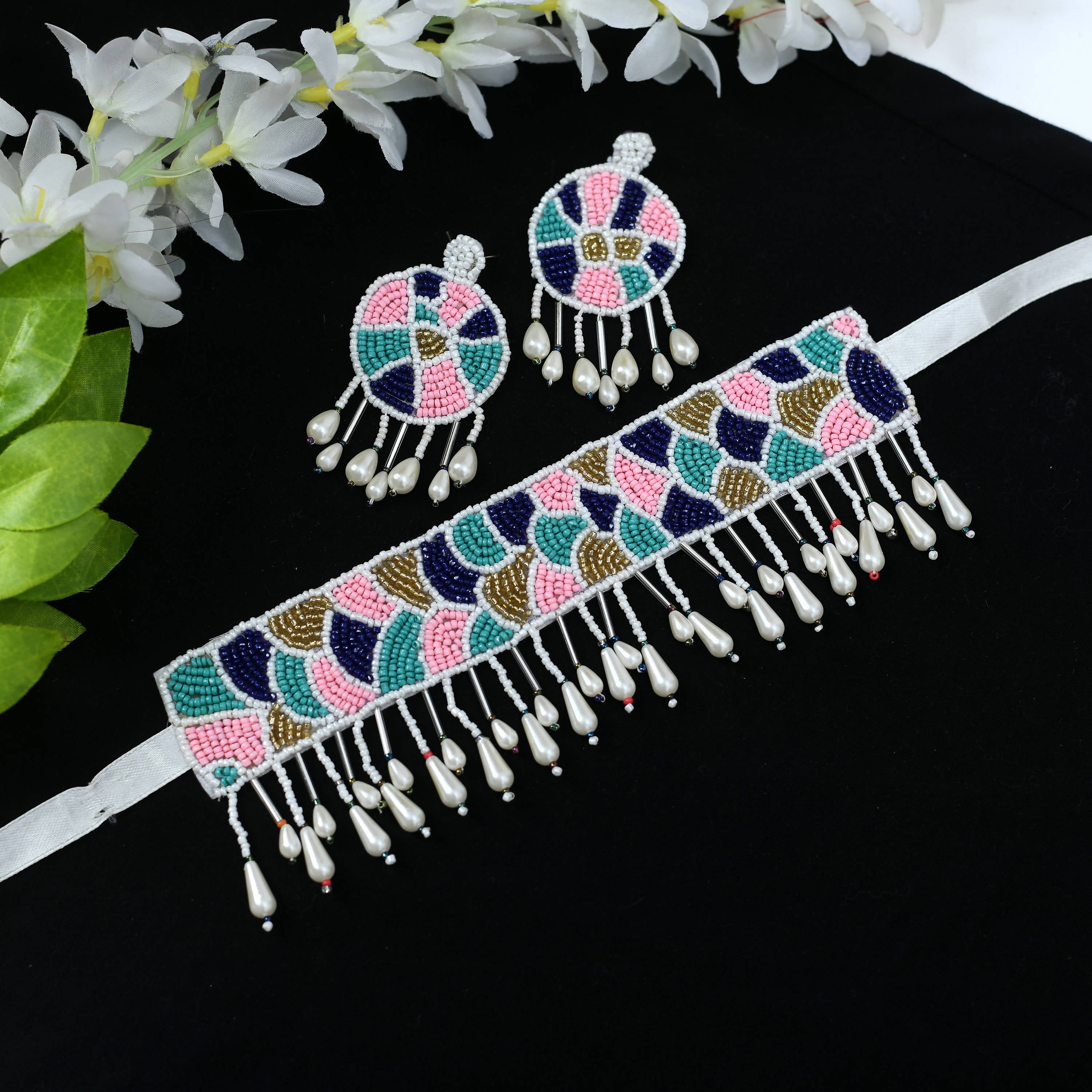 Johar Kamal Handicraft Multi Color Pearls Necklace with Earrings Jkms_037