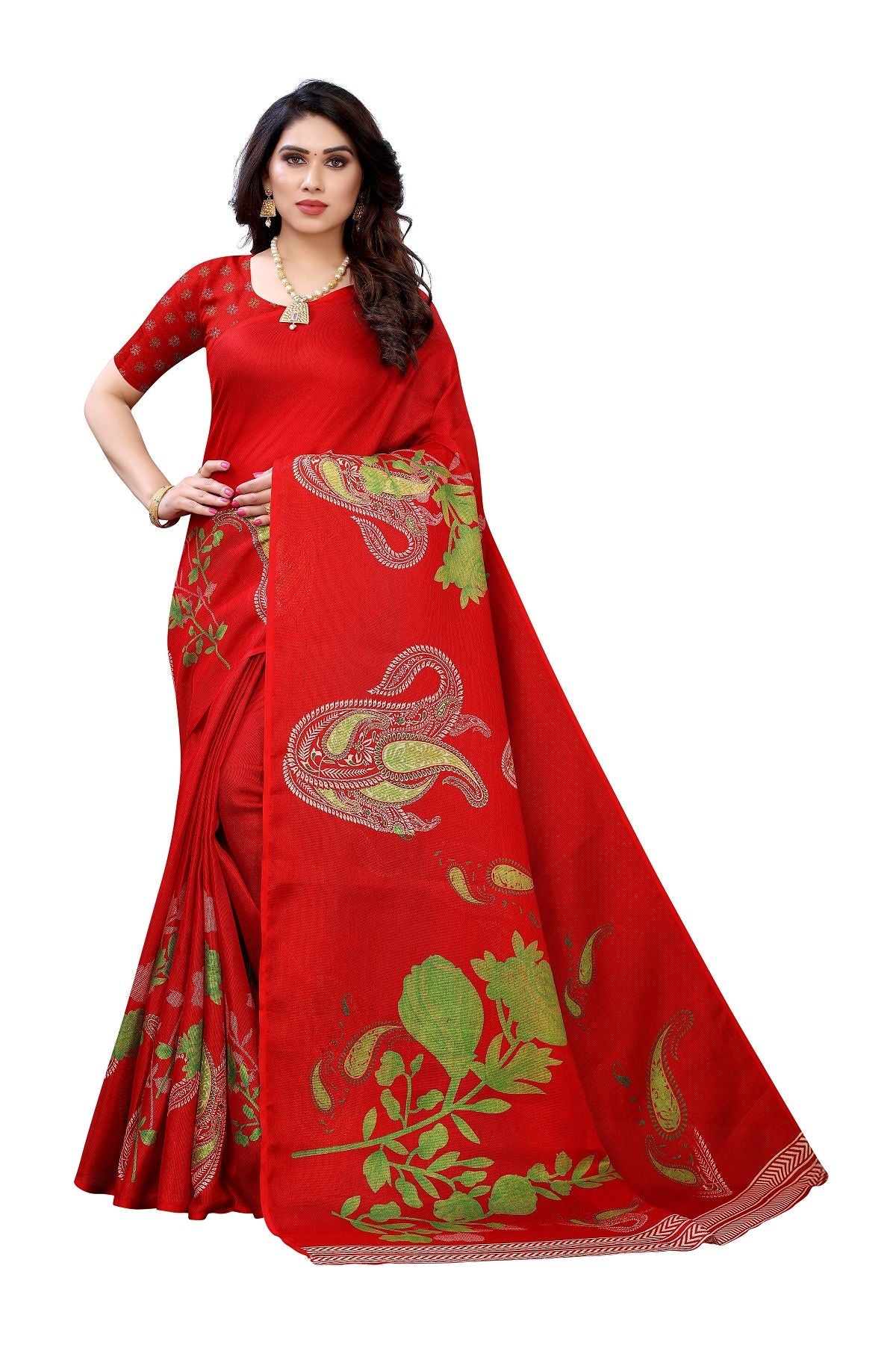 Women's Printed Jute Silk Leo  Red Saree - Vamika