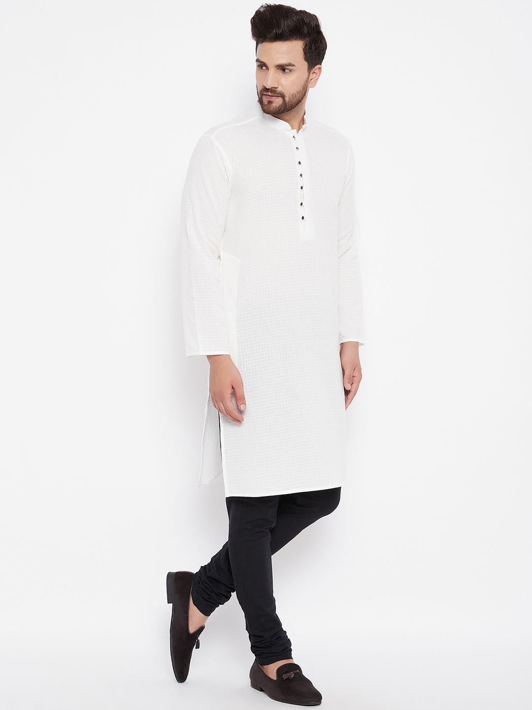 Men's Woven Design White Straight  Kurta - Even Apparels