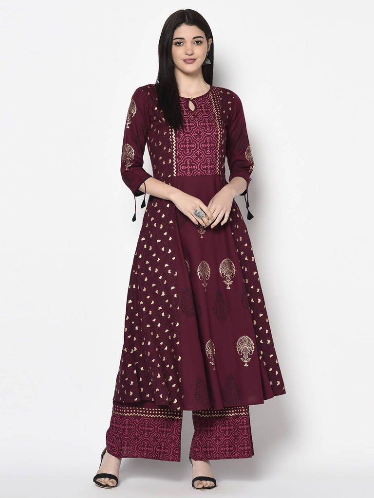 Women's Wine Rayon Block Print Flared slip-on Palazzo