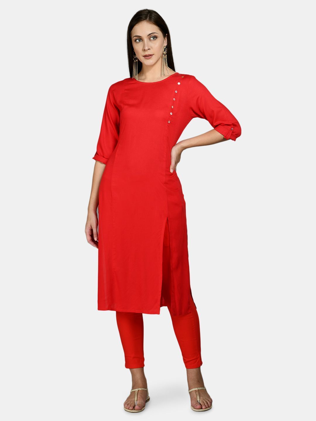 Women's Red Cotton Solid 3/4 Sleeve Round Neck Casual Kurta Pant Dupatta Set - Myshka