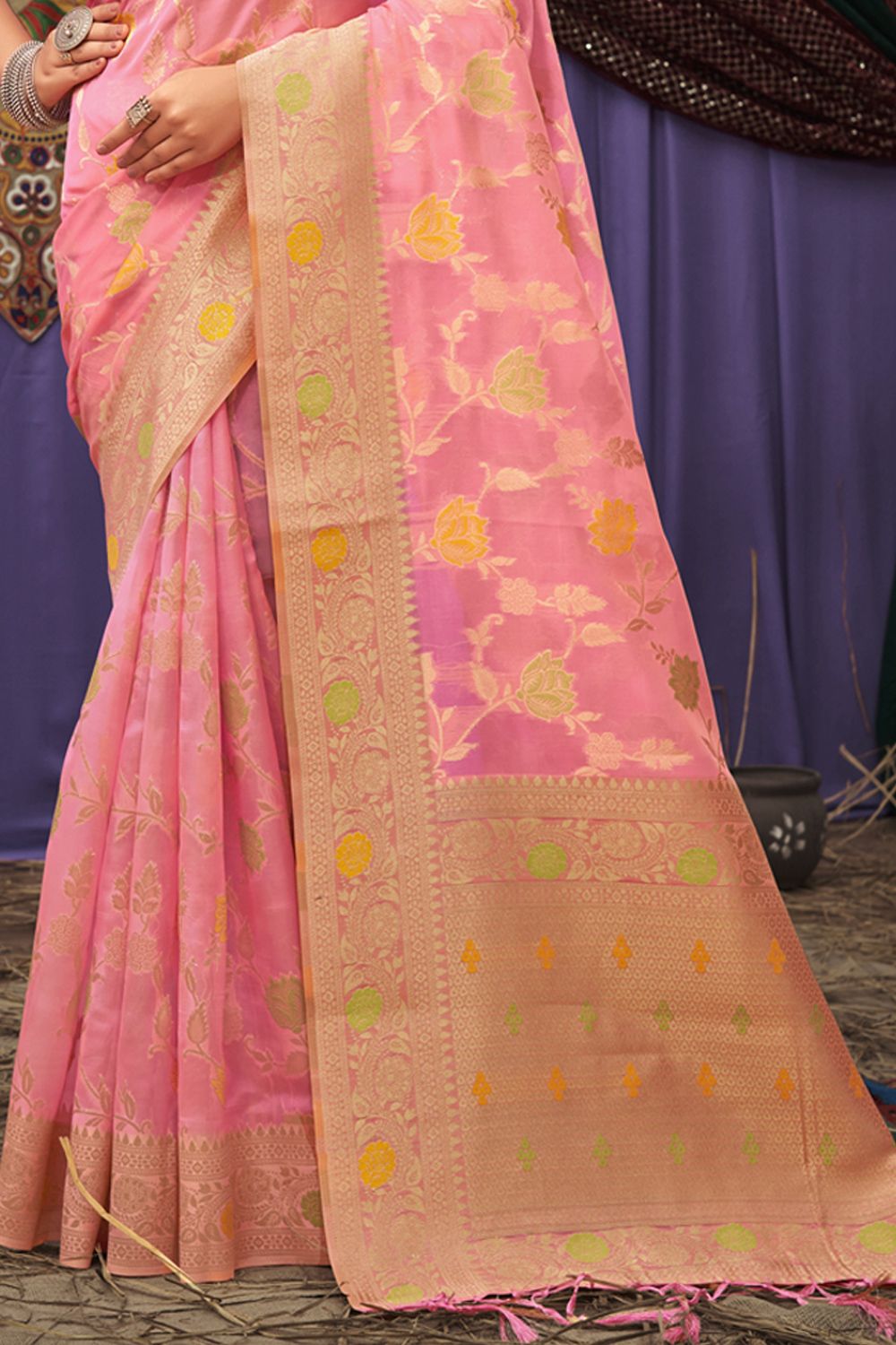 Women's Pink Organza Woven Zari Work Traditional Tassle Saree - Sangam Prints