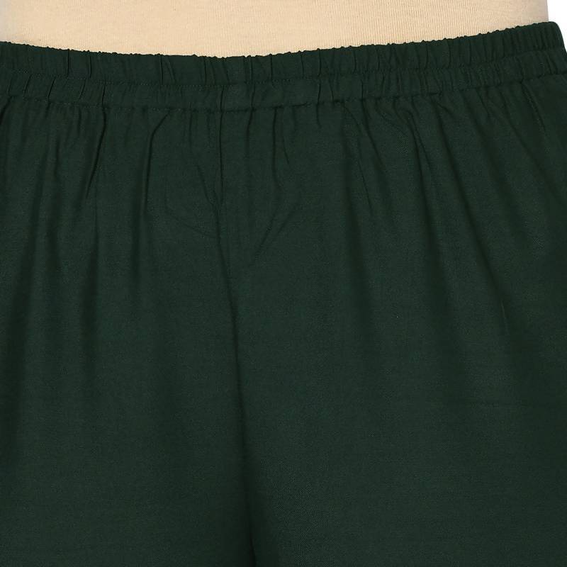 Women's Bottle Green Rayon Block Print Flared slip-on Palazzo