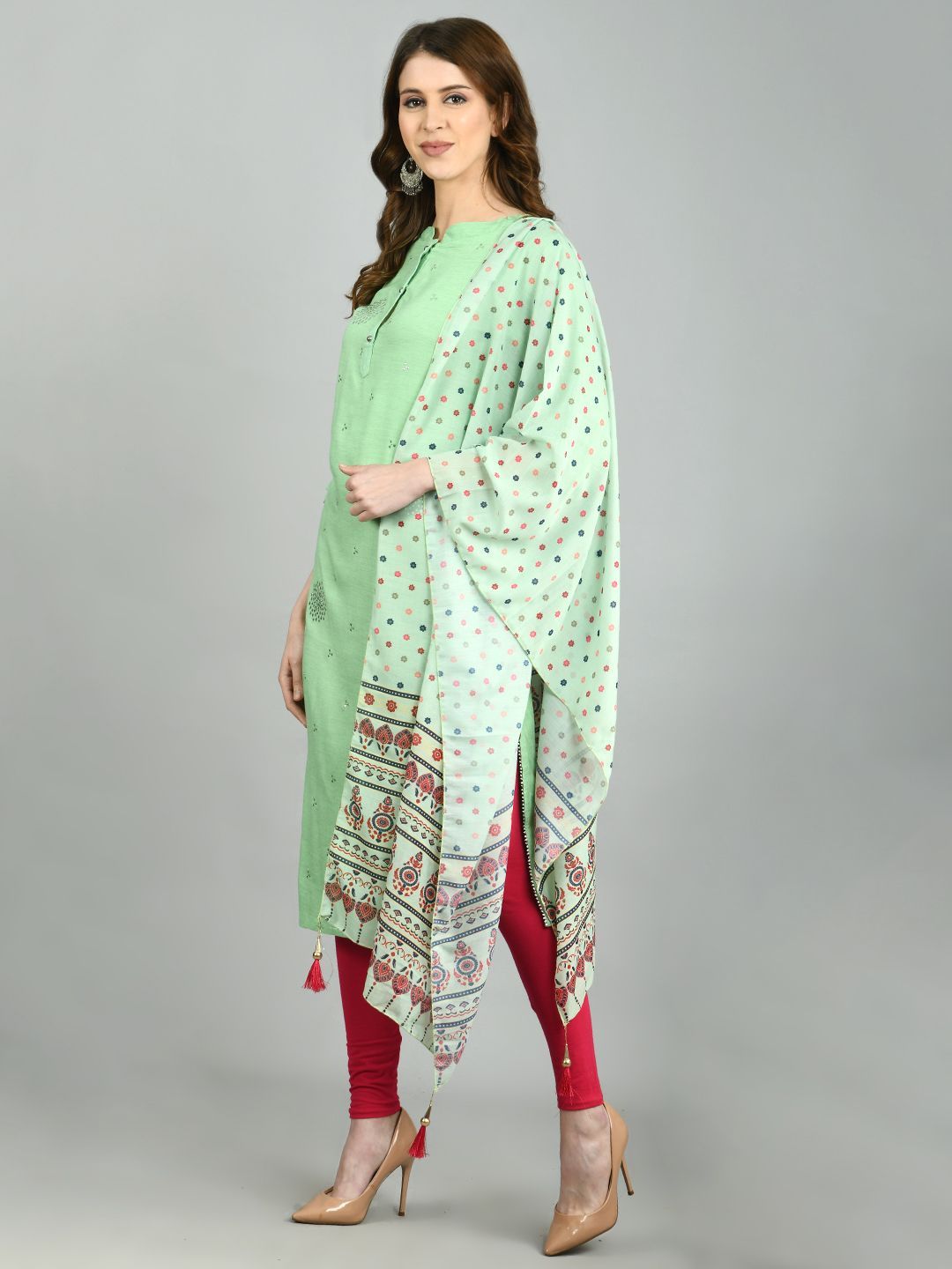 Women's Green Cotton Printed 3/4 Sleeve Mandarin Neck Casual Kurta Dupatta Set - Myshka