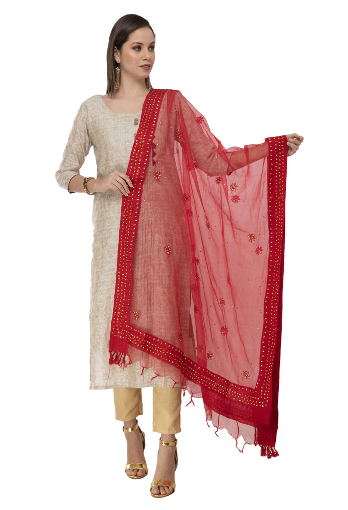 Women's Orgenza Nug Embroidery Red Dupatta & Chunni Mfd0003