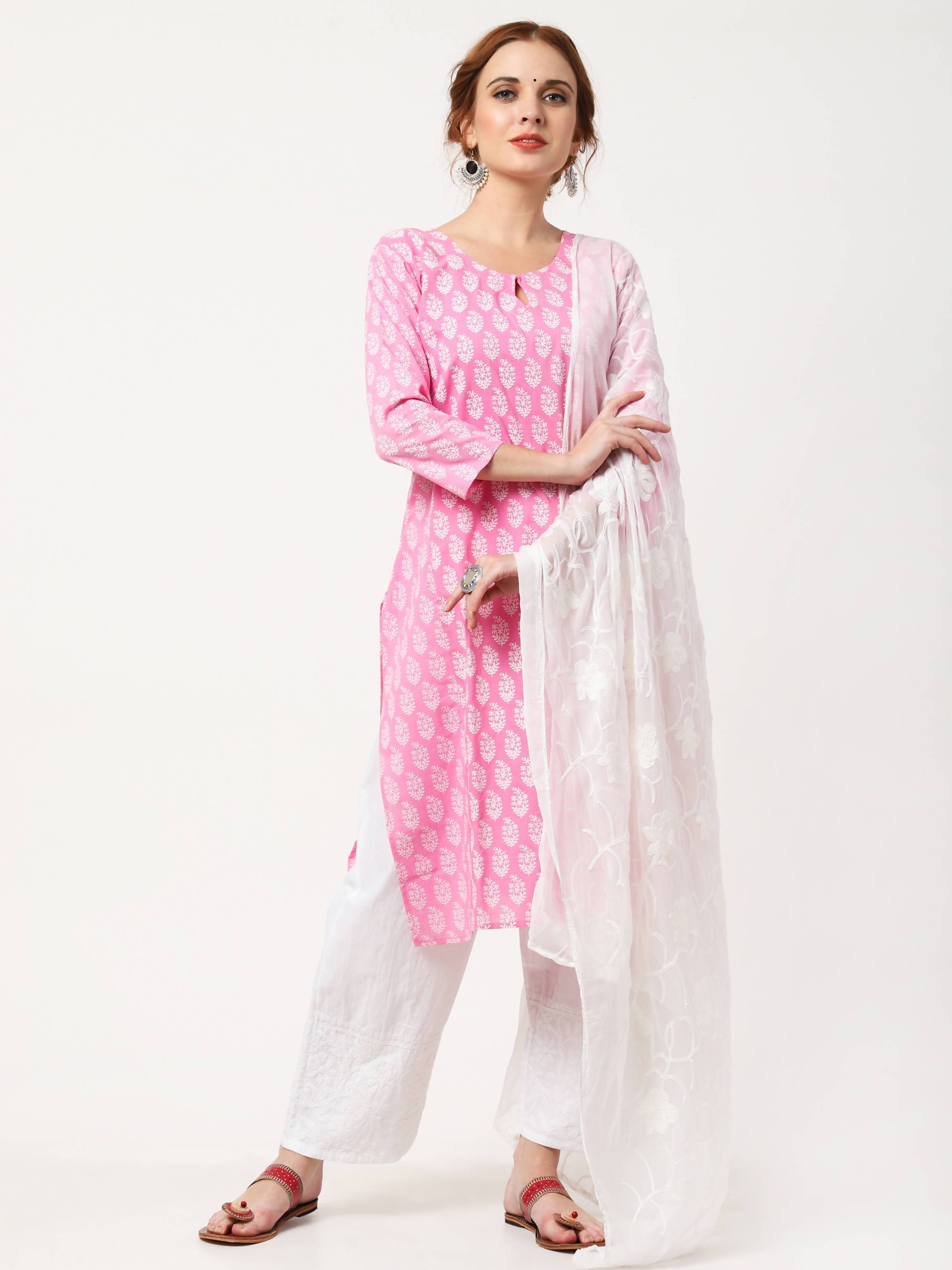 Women's Baby Pink & White Cotton Chiffon Kurta With Chikankari Palazzo & Embroidered Dupatta Set - Cheera