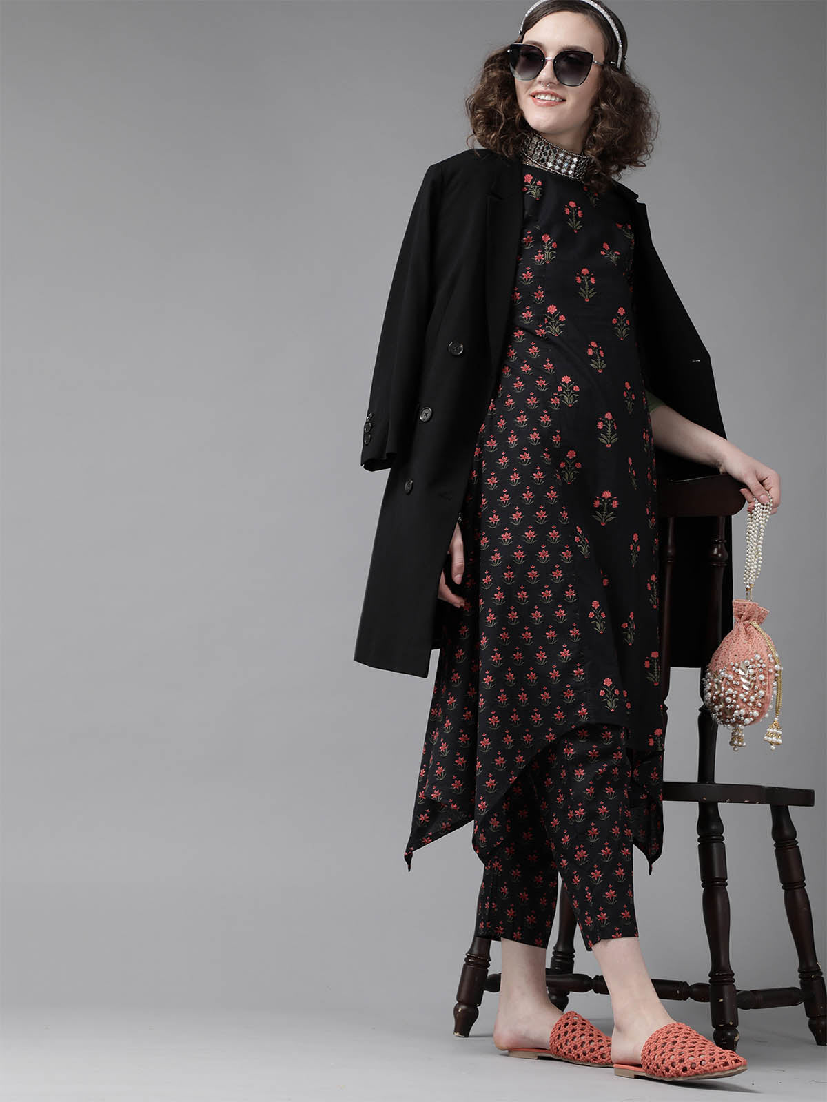 Women's Black Floral Printed A-Line Kurta Trouser Set - Odette