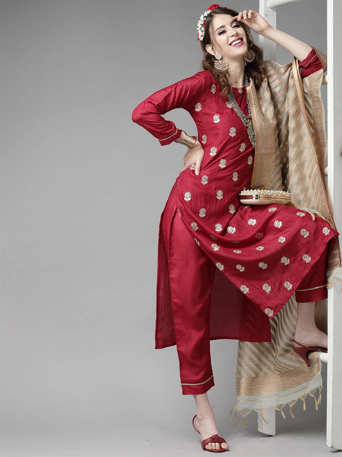 Women's Red Embroidered Straight Kurta Trouser With Dupatta Set - Odette