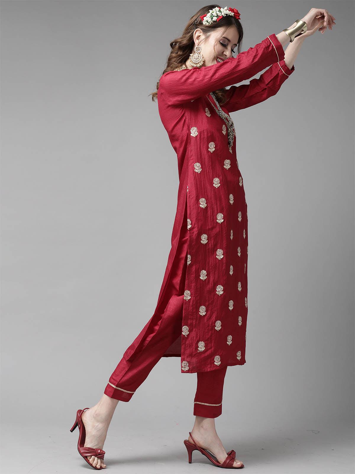 Women's Red Embroidered Straight Kurta Trouser With Dupatta Set - Odette