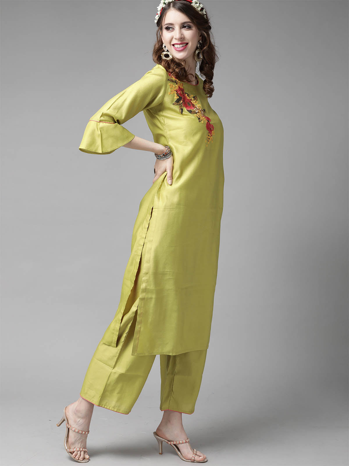 Women's Lime Green Embroidered Kurta Palazzo With Dupatta Sets - Odette