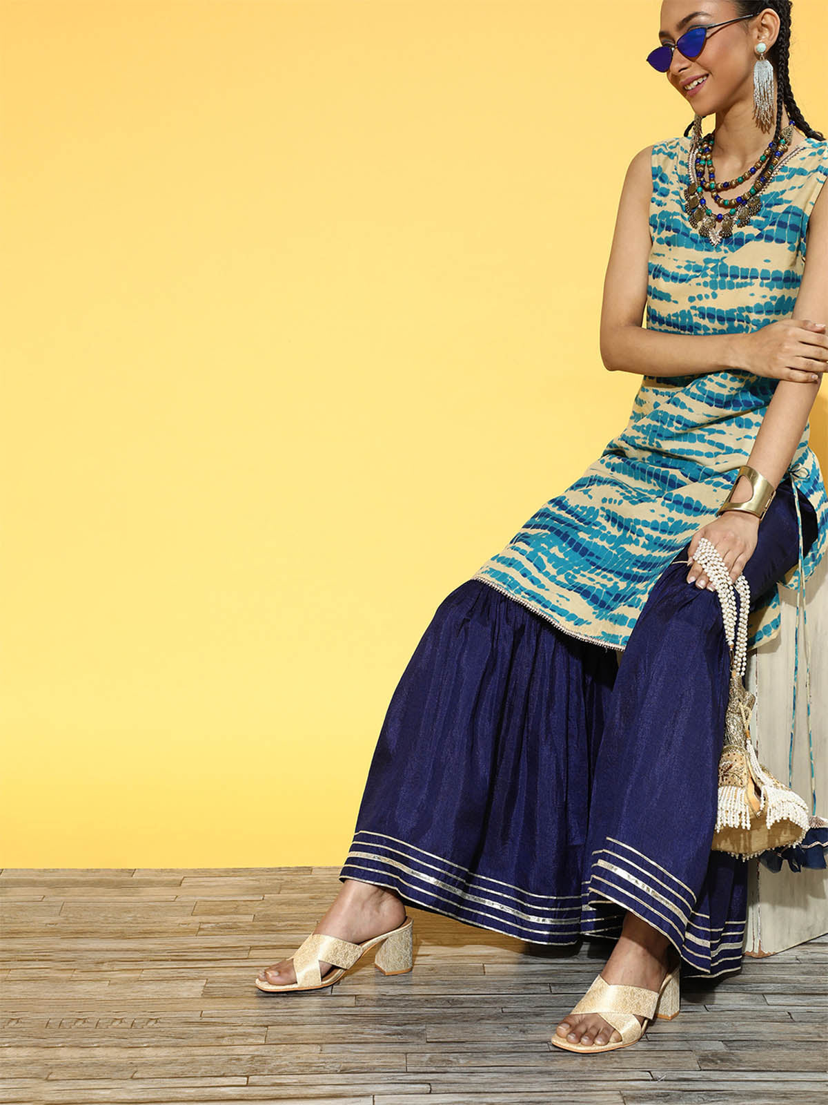 Women's Blue Tie & Dye Straight Kurta Sharara Set - Odette