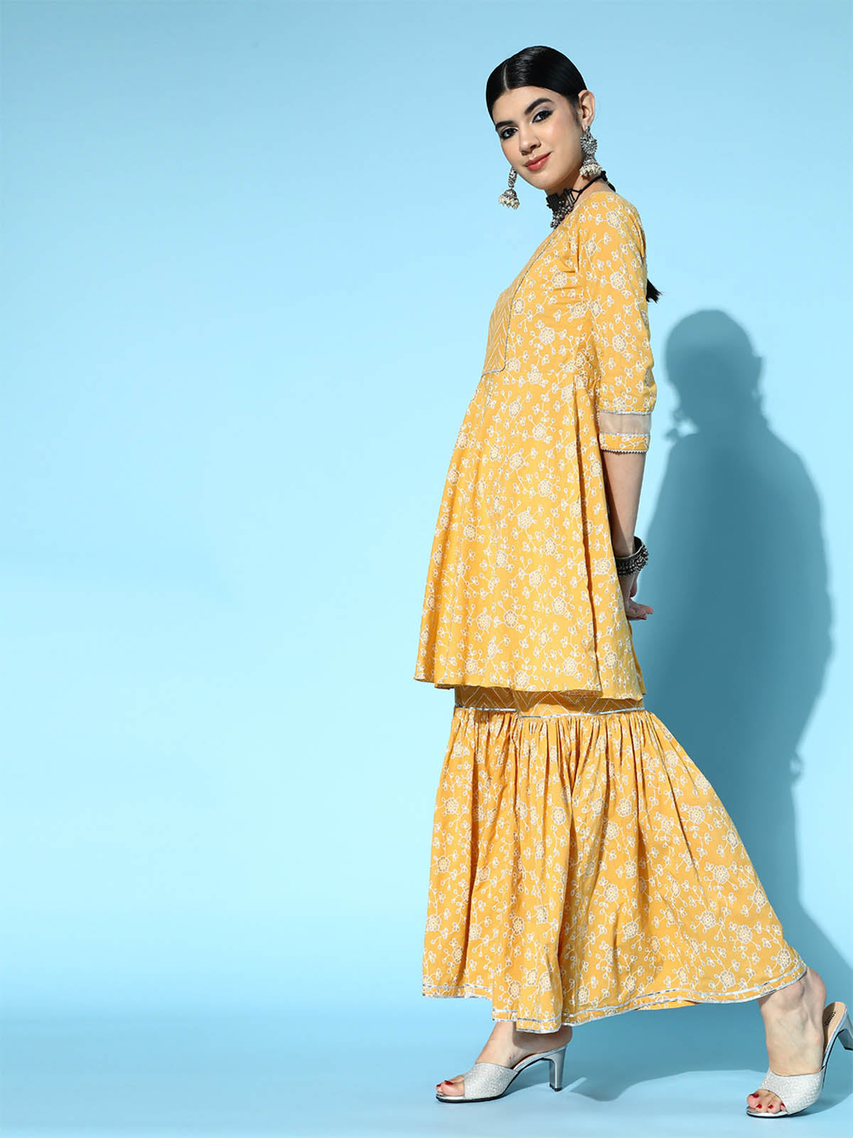 Women's Yellow Printed A-line Kurta Sharara With Dupatta Set - Odette