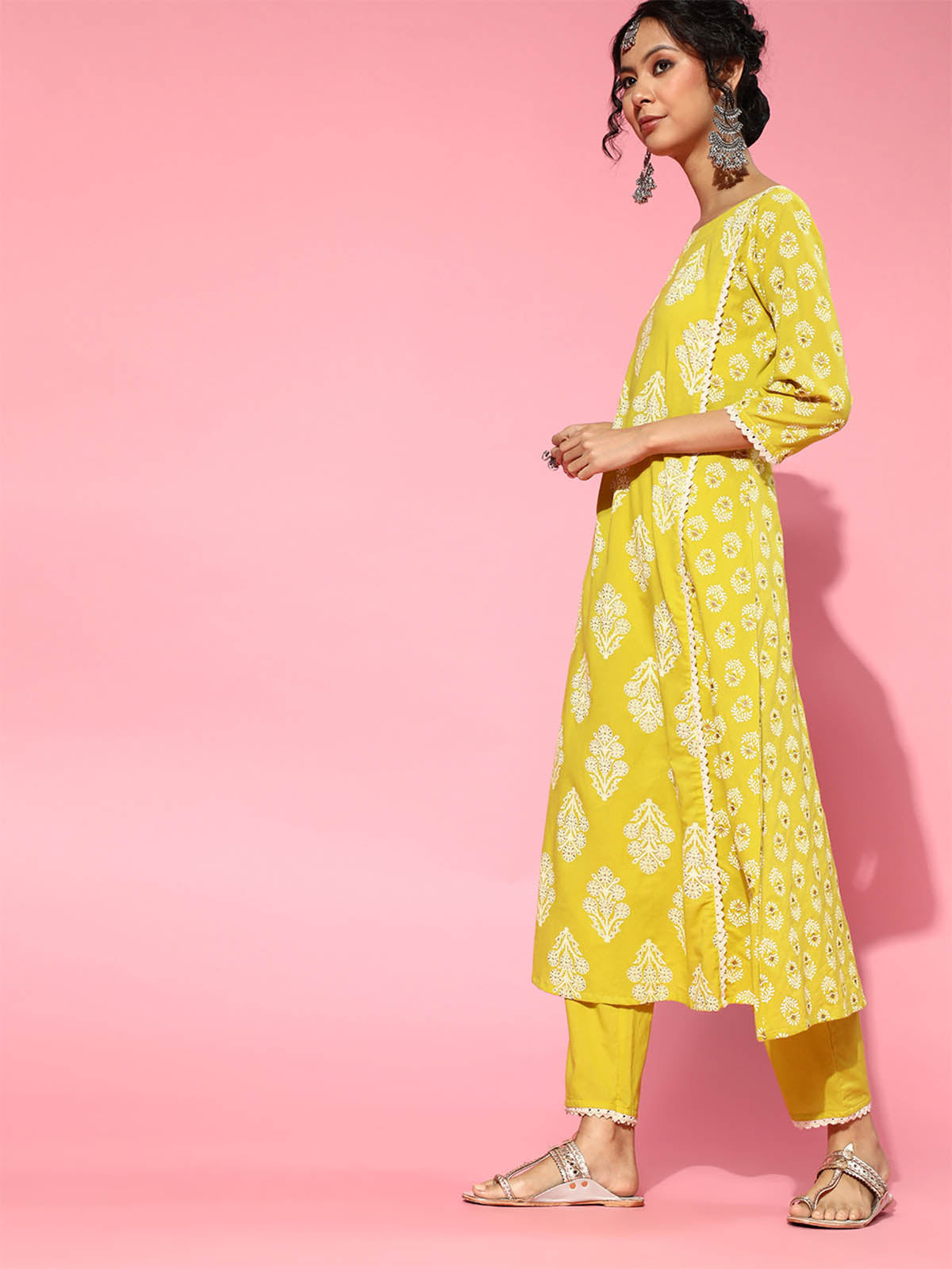 Women's Women's Yellow Printed A-line Kurta Set - Odette
