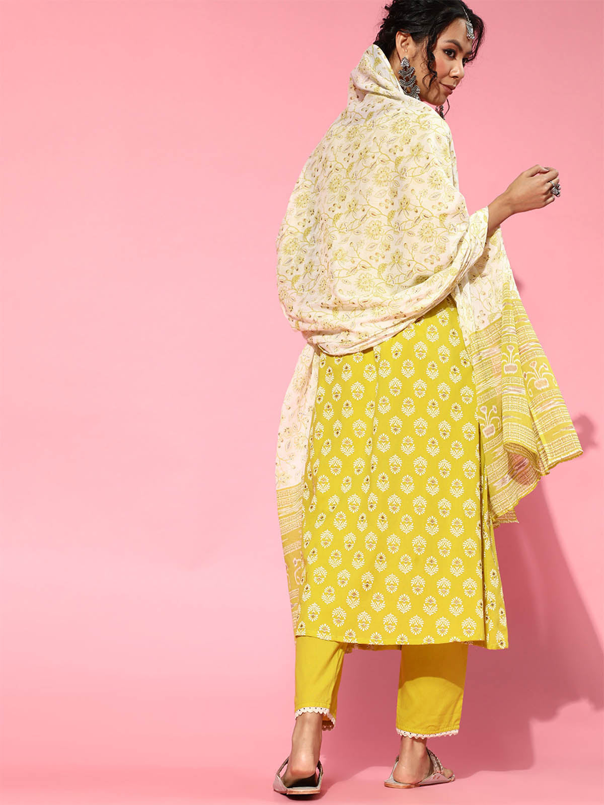 Women's Women's Yellow Printed A-line Kurta Set - Odette