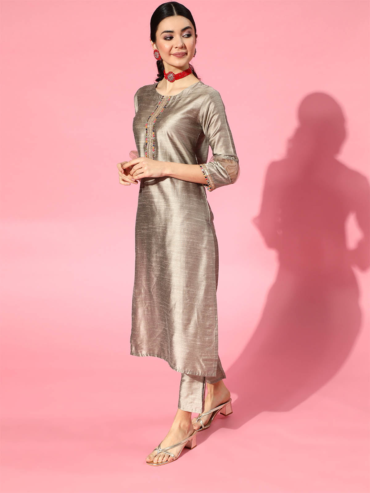 Women's Grey Embroidered Straight Kurta Set For Ladies - Odette