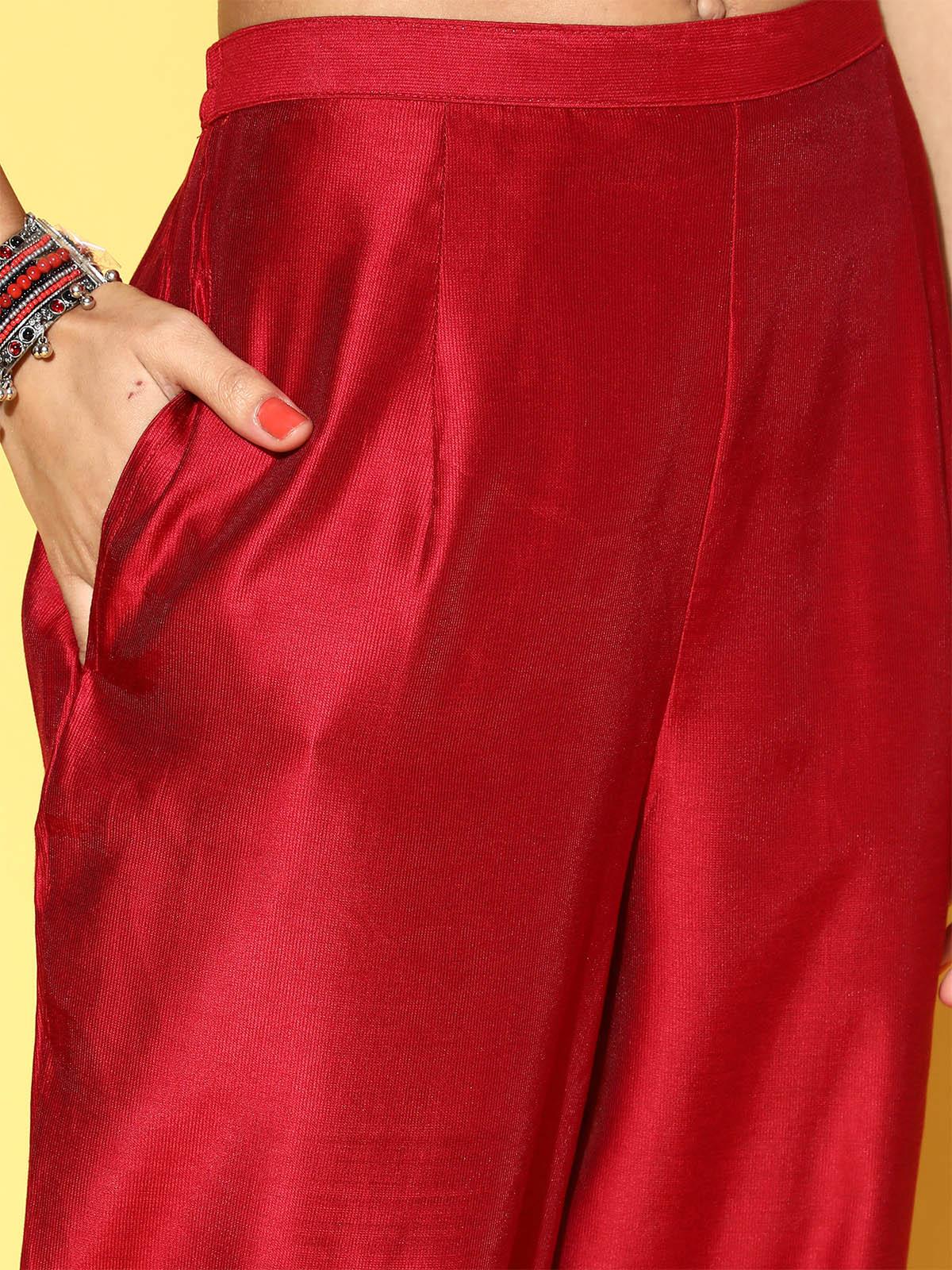 Women's Red Kurta Trouser With Hand Made Dupatta Set - Odette